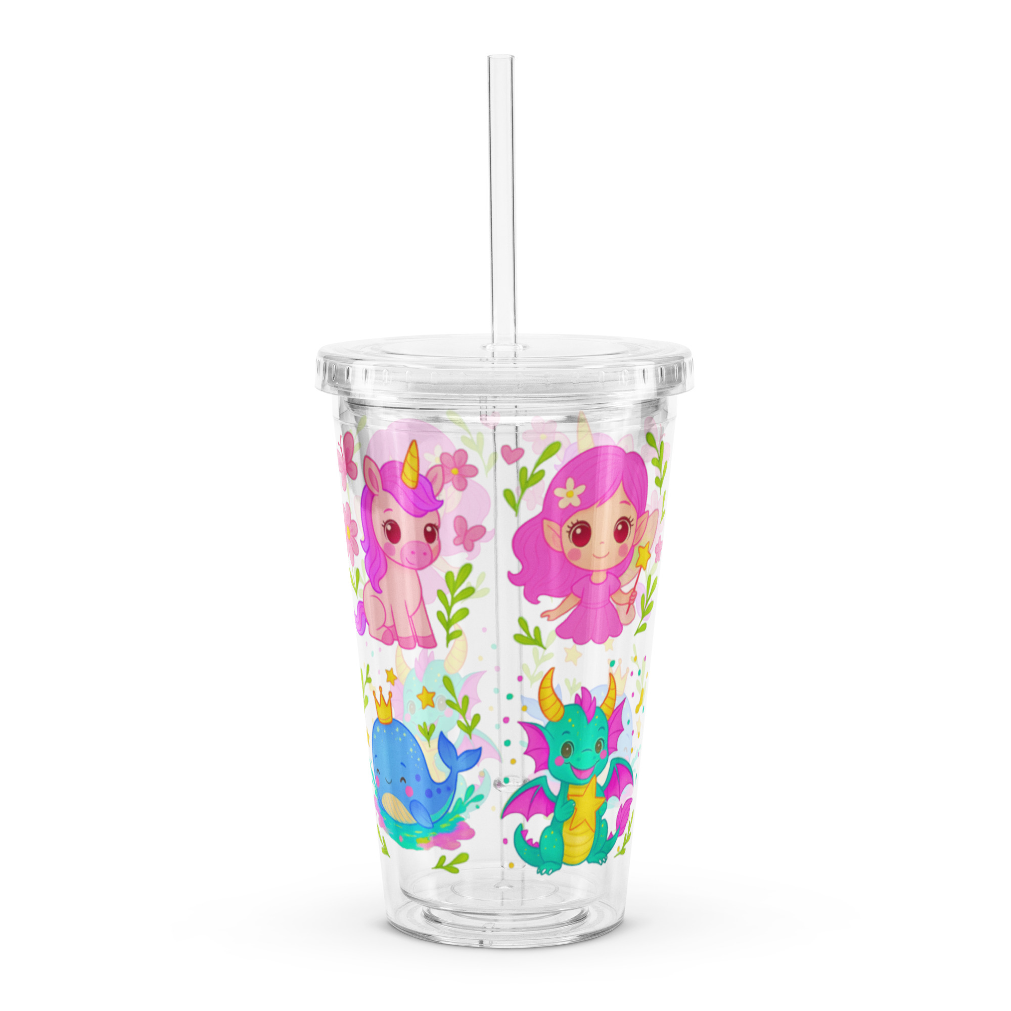 Fantasy Friends Kids Tumbler | Unicorn, Fairy & Dragon Cup with Straw | Cute 16oz Acrylic Drink Cup for Children | Magical Reusable Water Cup