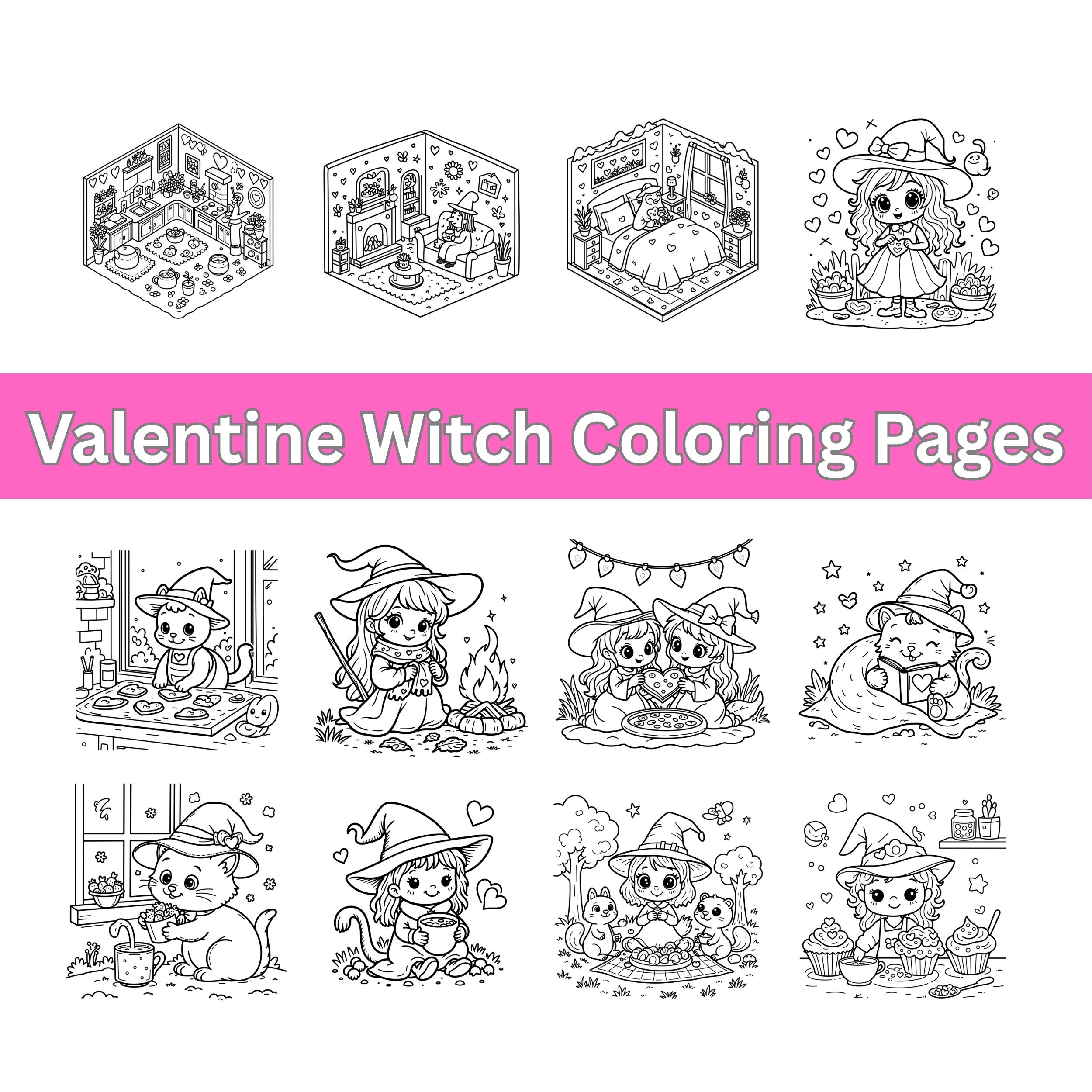Valentine Witch Coloring Pages I Cozy Valentine Witch Coloring Pages – Cute Kawaii Love & Baking Scenes