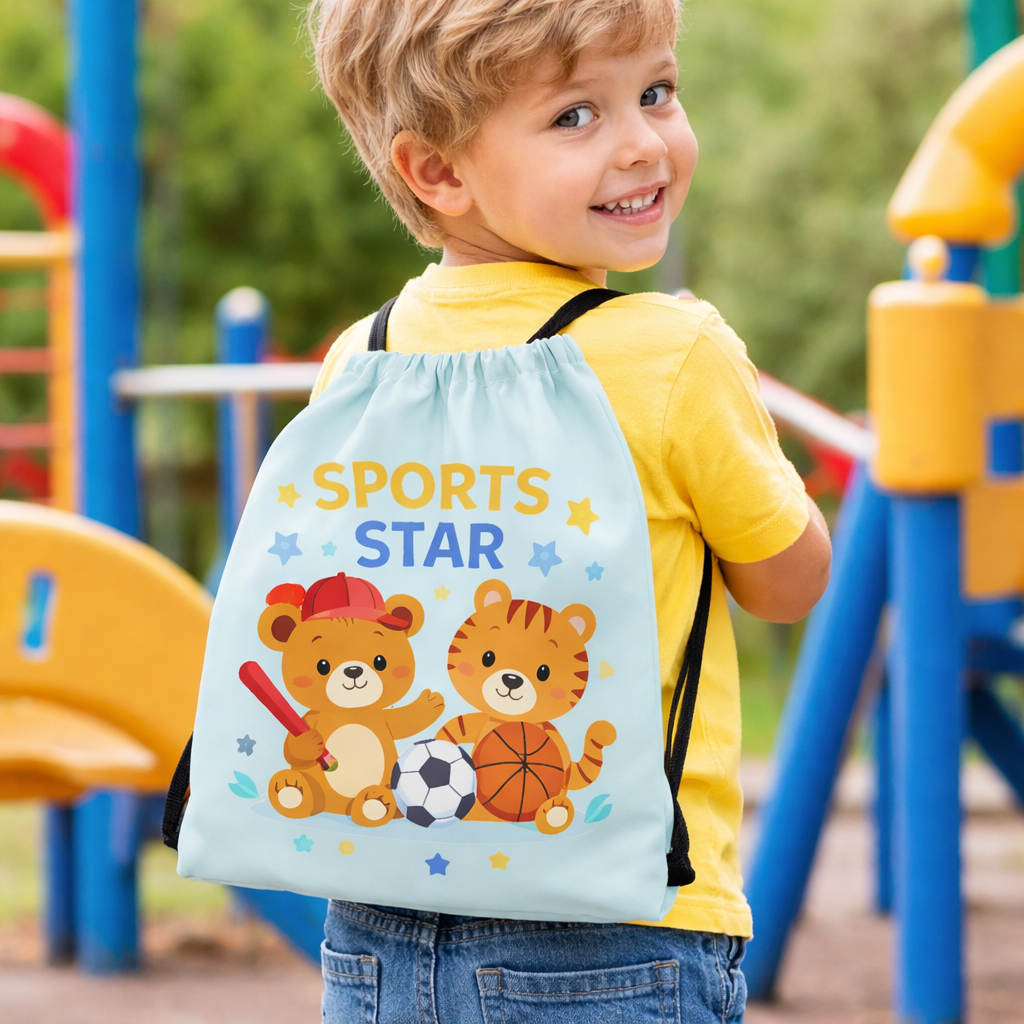 Kids Sports Star Drawstring Backpack – Cute Animal Gym Bag for Kids, Pre-school & Kindergarten Play Bag