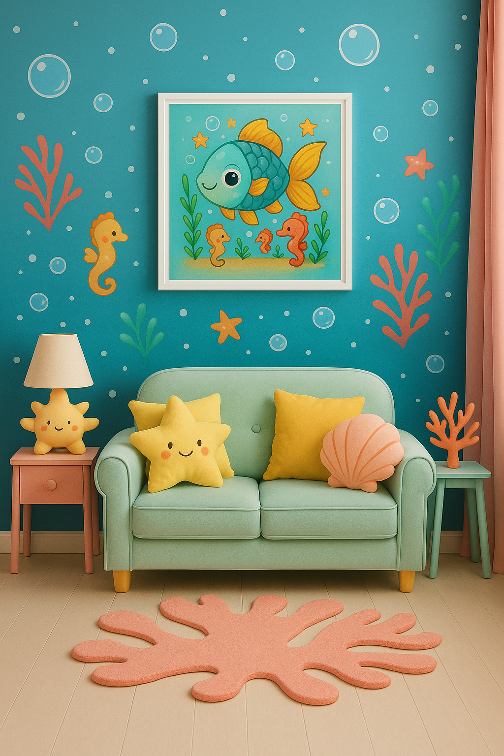 Cute Underwater Fish Nursery Wall Art – Turquoise & Yellow Ocean Animals Print – Seahorse Kids Room Decor – Baby & Toddler Bedroom Illustration – 4x4 Ratio