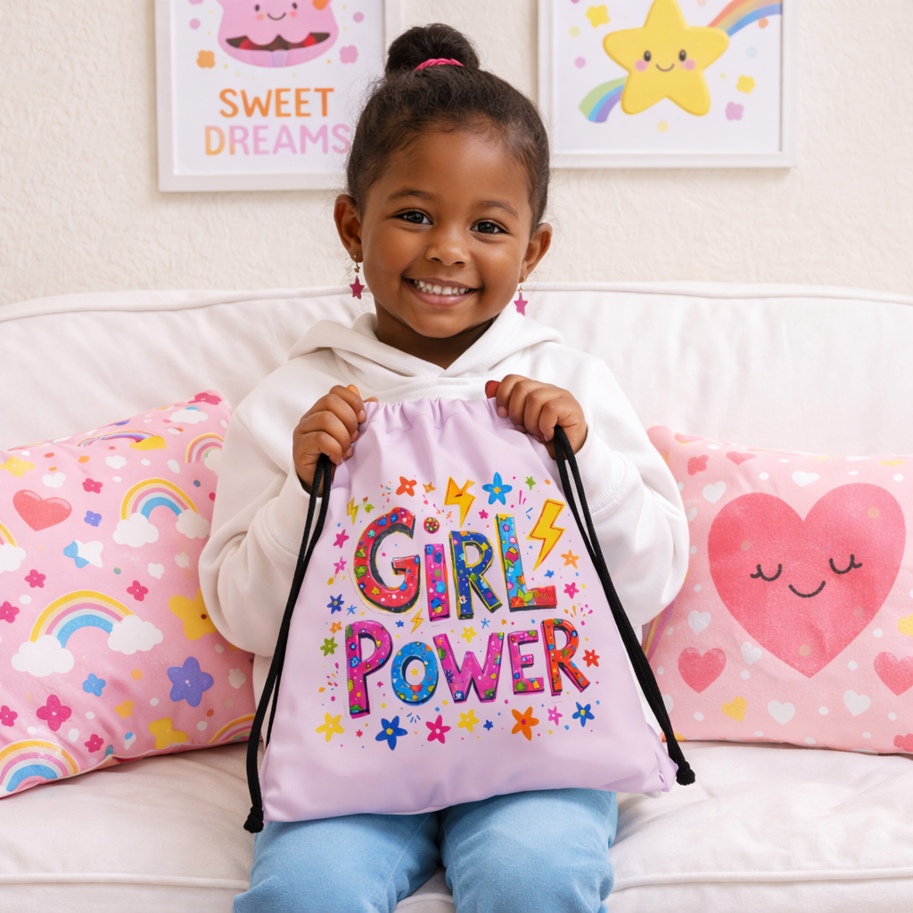 Girl Power Drawstring Backpack for Girls – Cute Pink  Gym Bag, Preschool & Daycare Bag, Empowering Children’s Gift