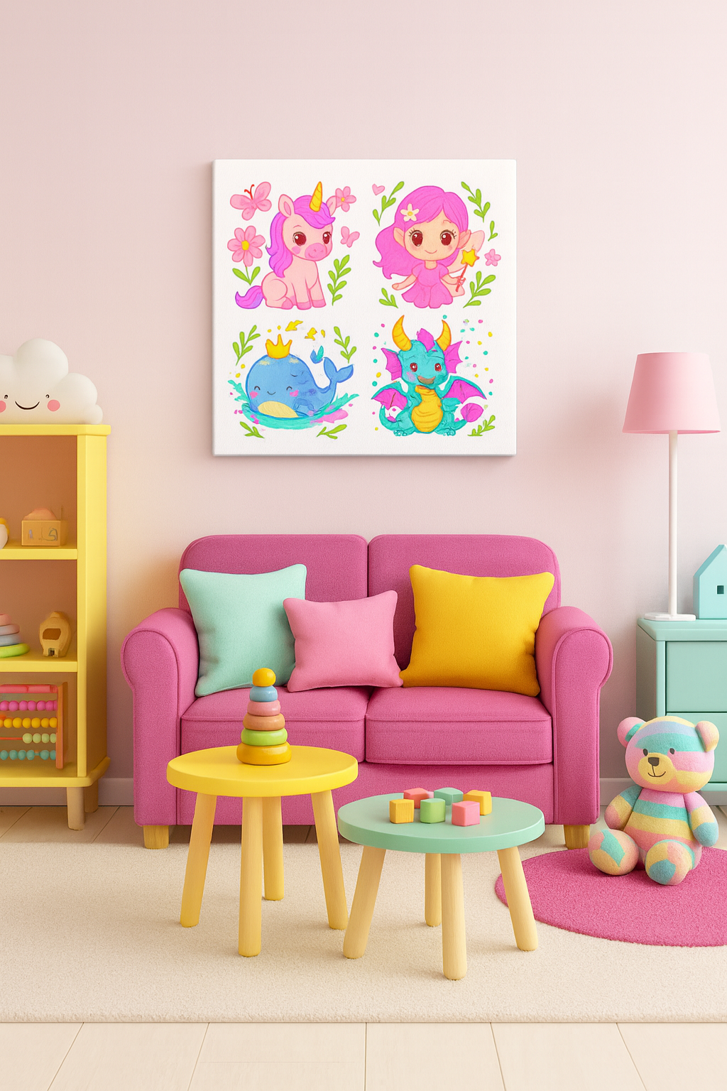 Kawaii Girls Room Wall Art – Unicorn, Fairy, Dragon & Whale Canvas, Cute Pastel Nursery Decor, Magical Playroom Art for Kids