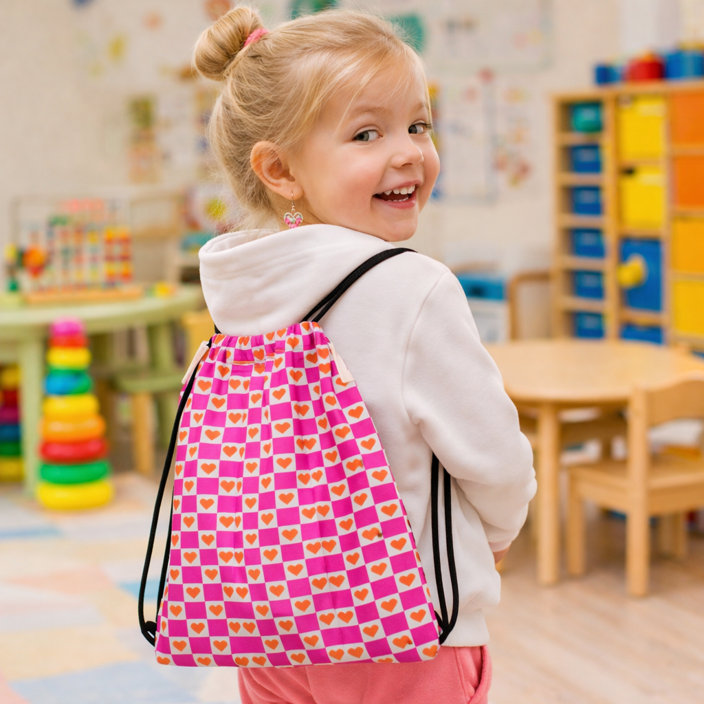 Cute Pink Heart Drawstring Bag for Kids – Adorable Kids Gym & Daycare Backpack