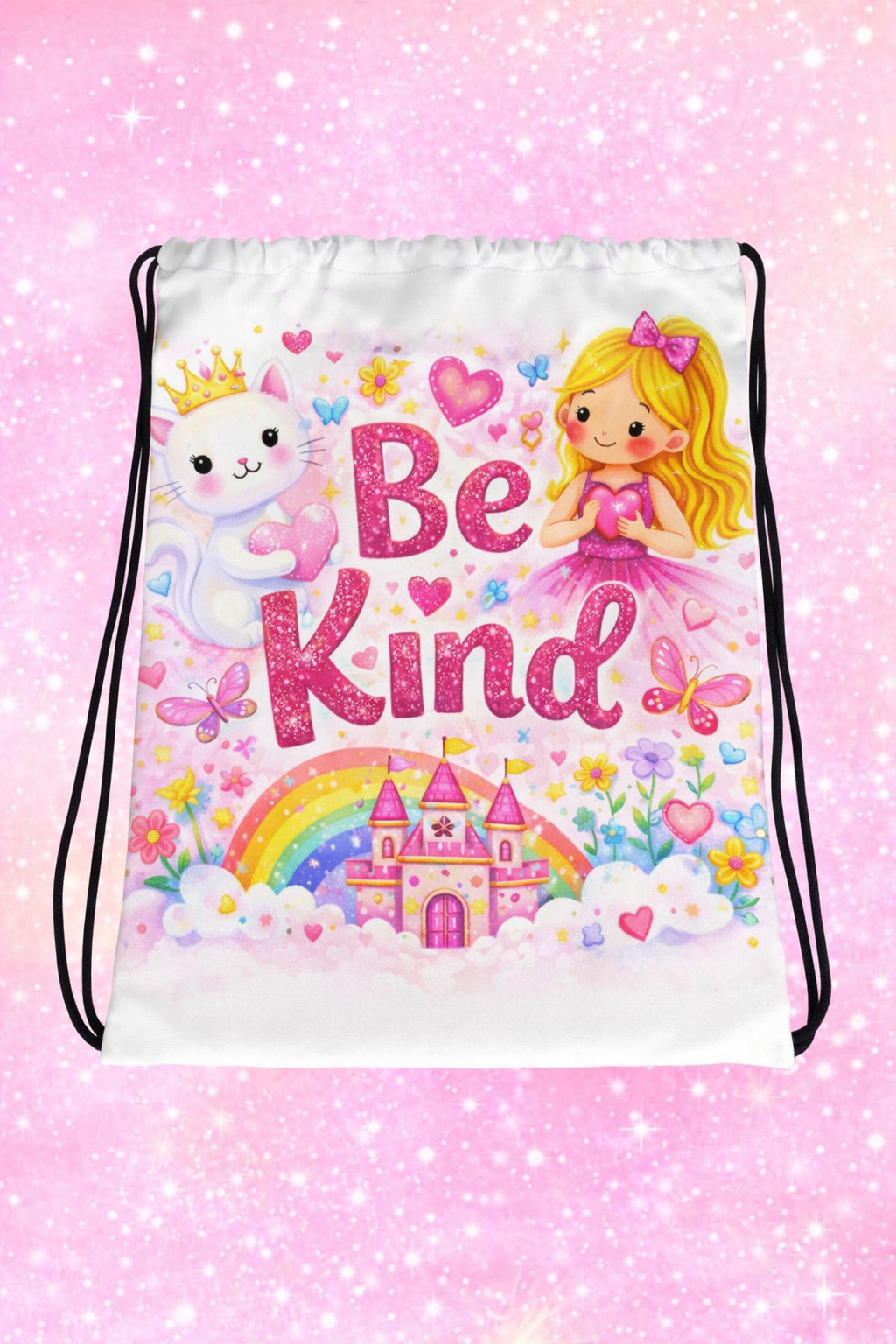Be Kind Kids Drawstring Bag – Cute Girls Backpack with Fairy Princess Design, Positive Message School & Daycare Bag