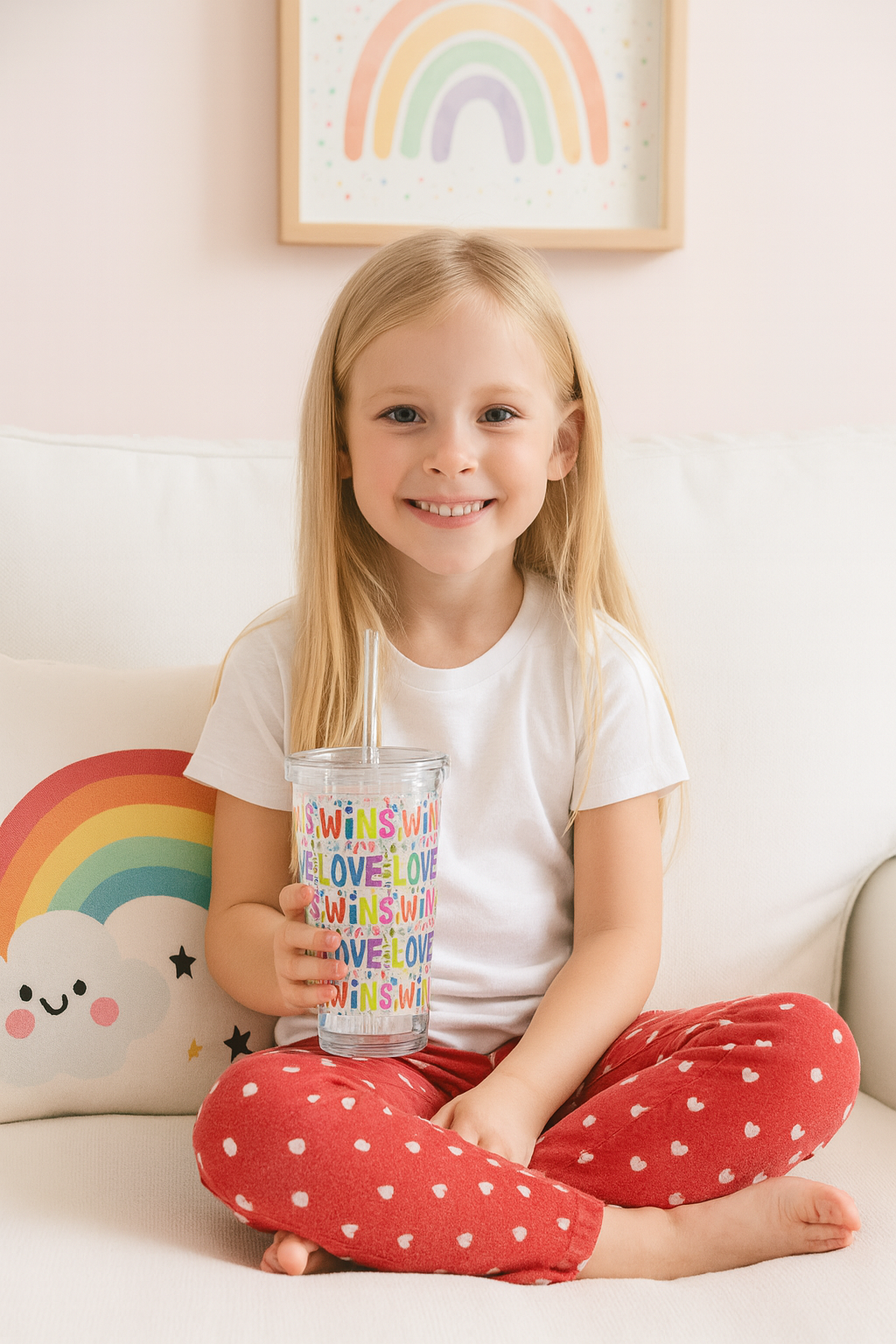Love Wins Kids Tumbler | Cute Colorful Cup with Straw | Reusable Acrylic Drink Cup for Children | Rainbow Hearts Watercolor Cup | 16oz Travel Cup