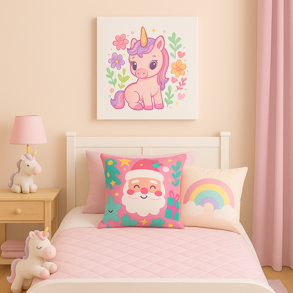 Kawaii Unicorn Canvas Wall Art – Pink & Pastel Girls Room Decor, Cute Nursery Print, Magical Rainbow Bedroom Art for Toddlers & Kids