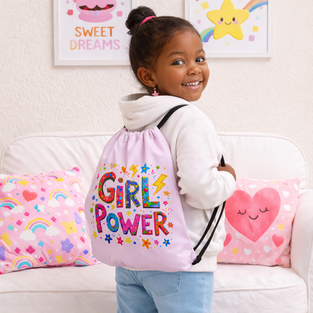 Girl Power Drawstring Backpack for Girls – Cute Pink  Gym Bag, Preschool & Daycare Bag, Empowering Children’s Gift