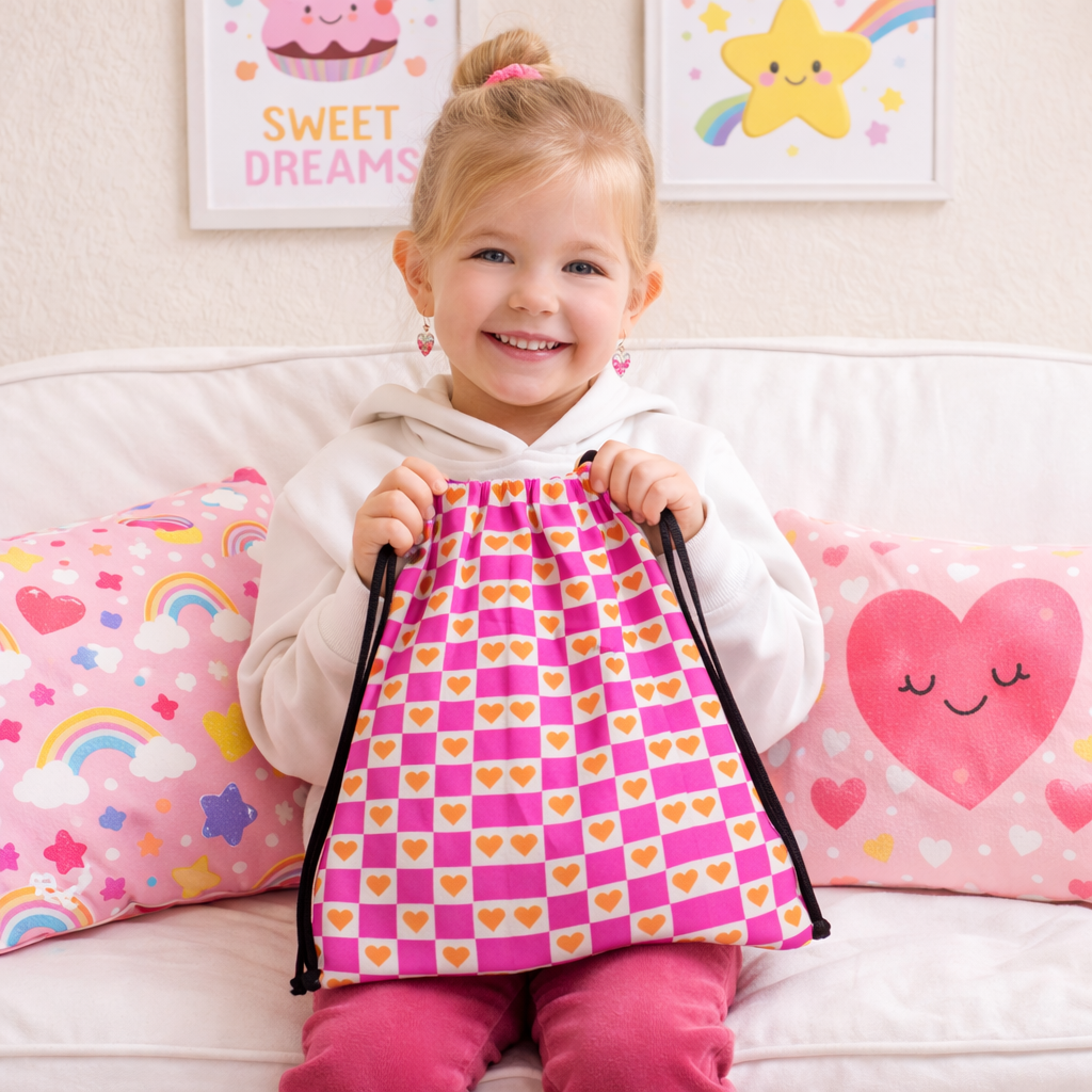 Cute Pink Heart Drawstring Bag for Kids – Adorable Kids Gym & Daycare Backpack
