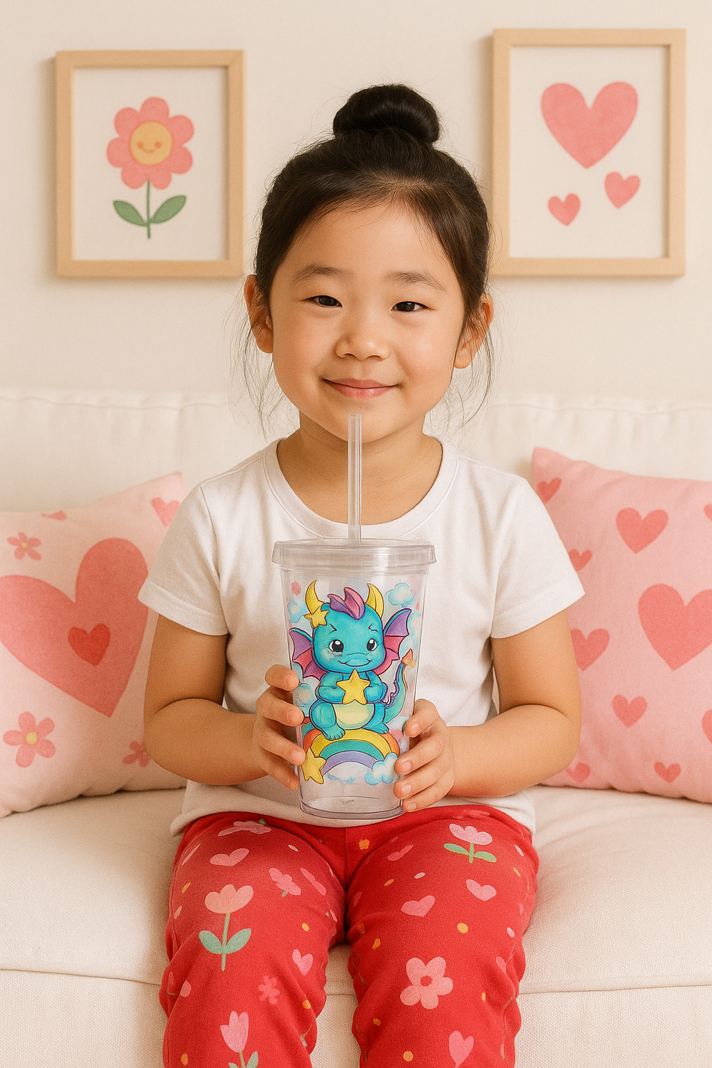 Cute Dragon Kids Tumbler | Rainbow Star Cup with Straw | 16oz Reusable Acrylic Cup for Children | Fun Fantasy Water Cup | Kawaii Dragon Drinkware