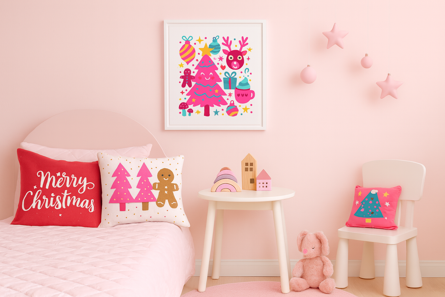 Adorable Pink Christmas Tree & Reindeer Artwork – Festive Kids’ Room Decor, Nursery Print, Gift for Girls