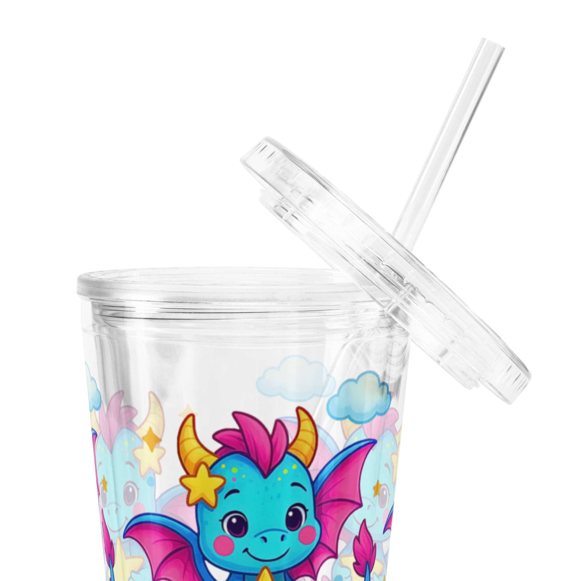 Cute Dragon Kids Tumbler | Rainbow Star Cup with Straw | 16oz Reusable Acrylic Cup for Children | Fun Fantasy Water Cup | Kawaii Dragon Drinkware