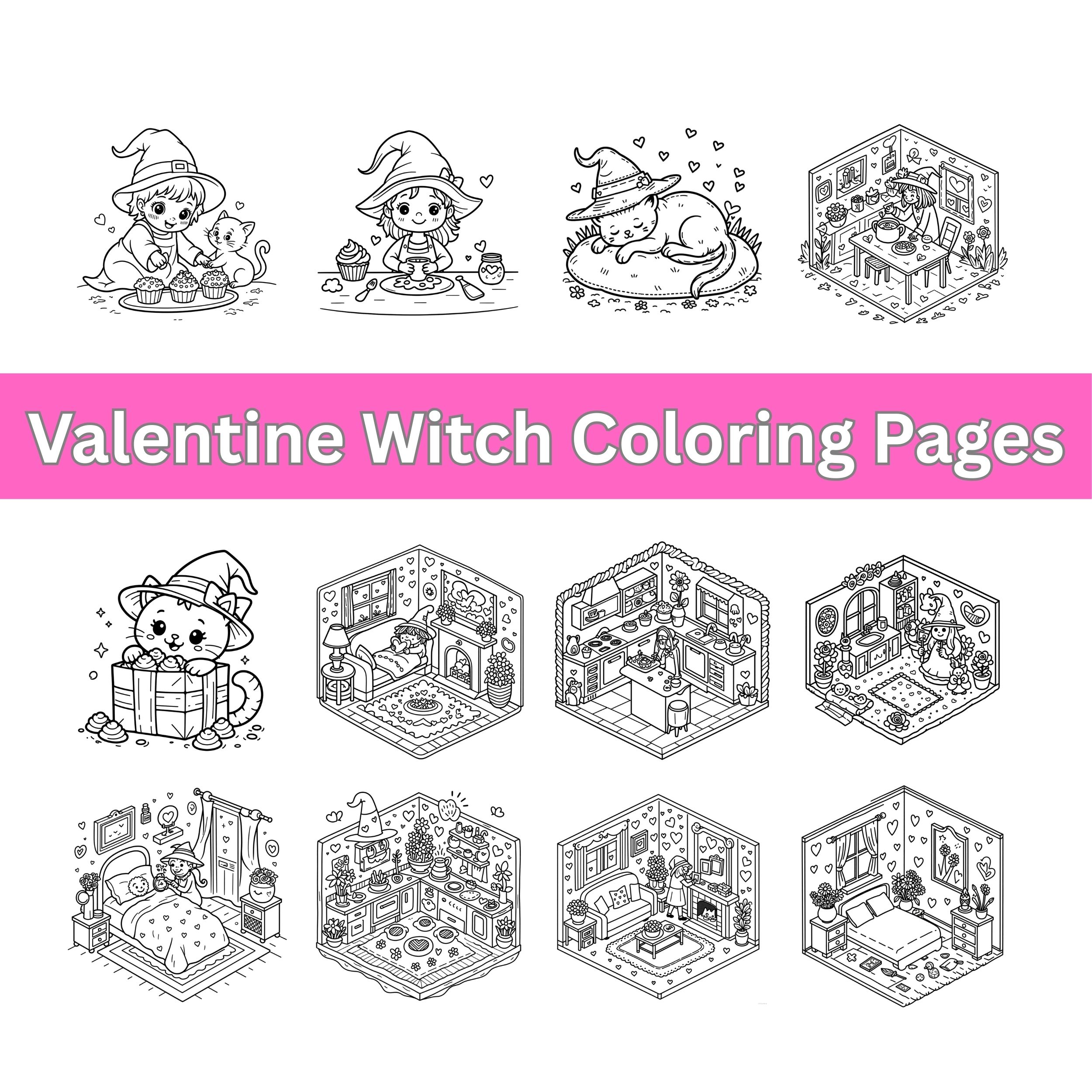 Valentine Witch Coloring Pages I Cozy Valentine Witch Coloring Pages – Cute Kawaii Love & Baking Scenes