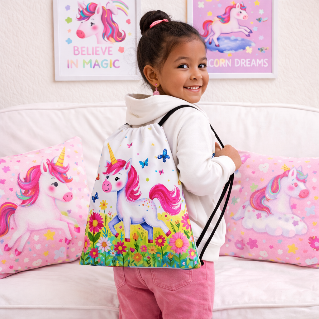 Unicorn Dreams Kids Drawstring Backpack – Cute Unicorn Bag for Kids, Playful School & Daycare Bag
