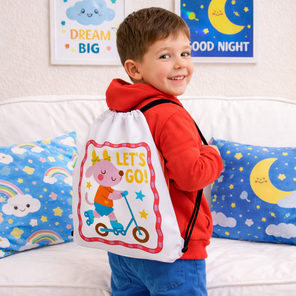 “Let’s Go!” Kids Drawstring Backpack – Cute Scooter Design for Kids | Fun Preschool & Daycare Bag