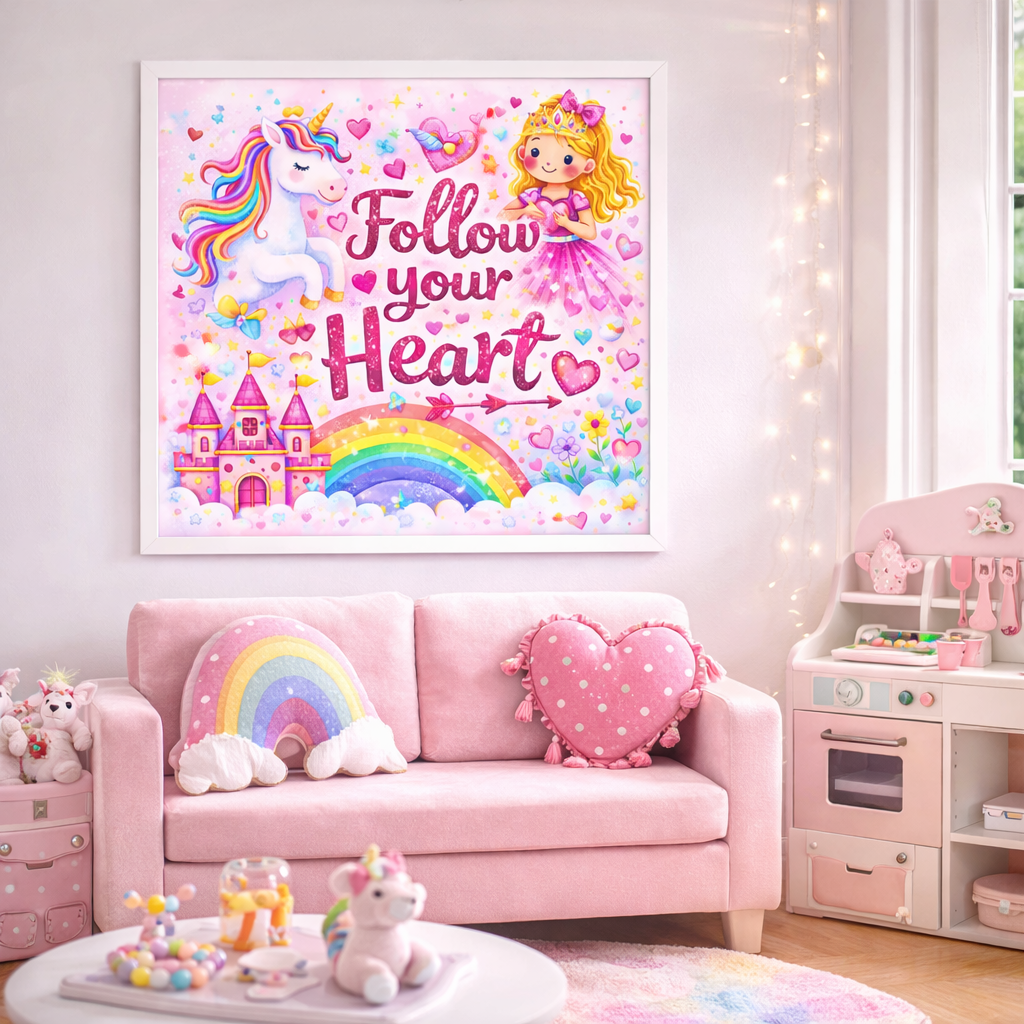 Follow Your Heart – Unicorn Princess Wall Art for Girls | Magical Rainbow Kids Room Decor