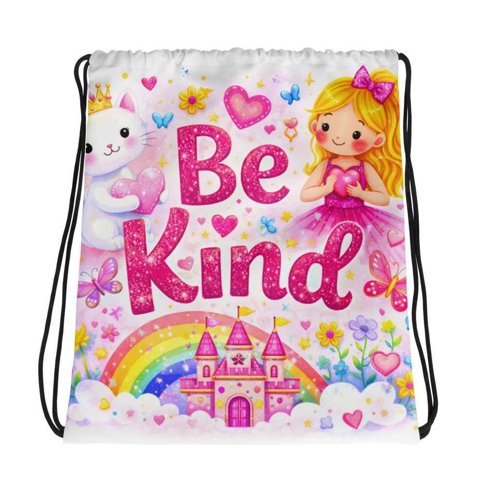 Be Kind Kids Drawstring Bag – Cute Girls Backpack with Fairy Princess Design, Positive Message School & Daycare Bag