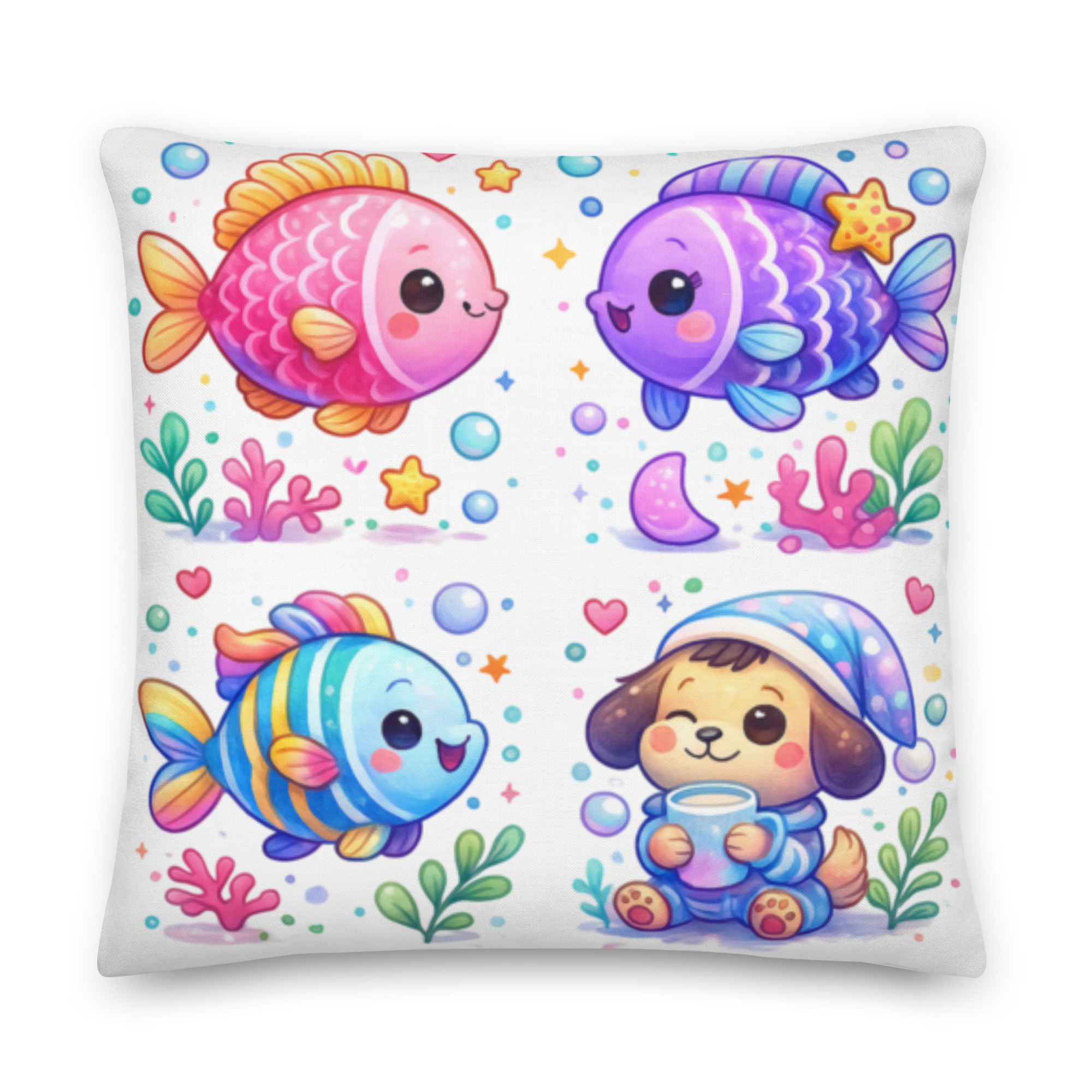Cute Fish & Puppy Throw Pillow – Kawaii Ocean Animals Kids Room Decor | Pink & Pastel Playroom Cushion for Girls