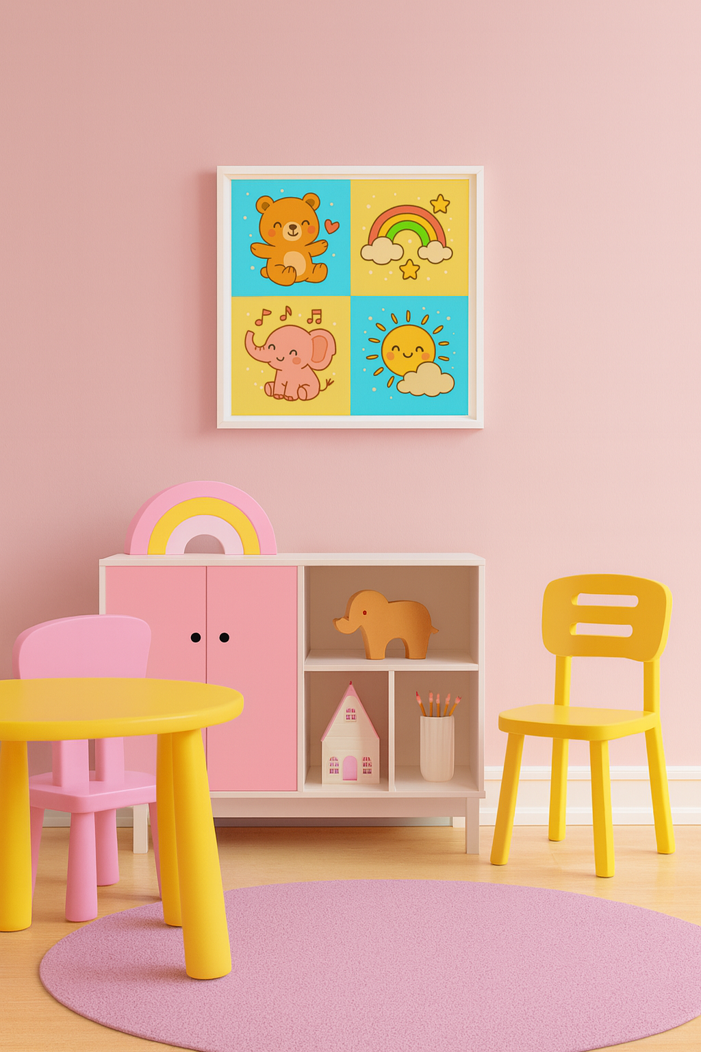Kawaii Animal Wall Art – Bear, Elephant, Rainbow & Sun Canvas for Kids | Cute Nursery & Playroom Decor I Framed canvas