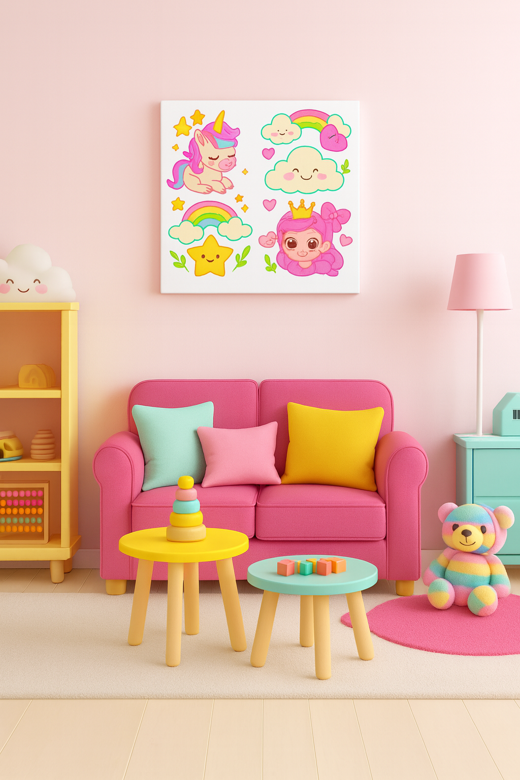 Kawaii Unicorn & Princess Wall Art for Girls – Cute Cloud & Rainbow Canvas, Pastel Playroom & Nursery Decor