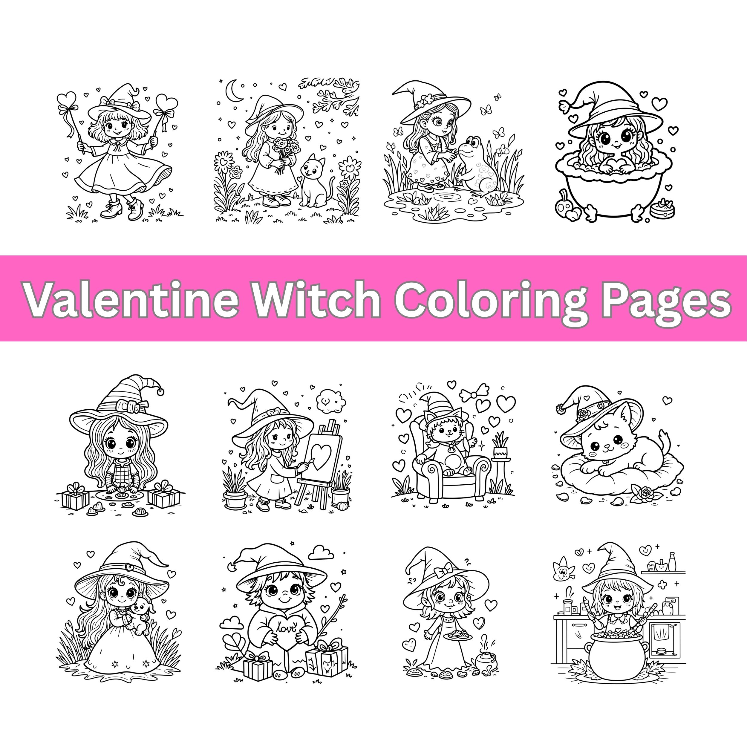 Valentine Witch Coloring Pages I Cozy Valentine Witch Coloring Pages – Cute Kawaii Love & Baking Scenes