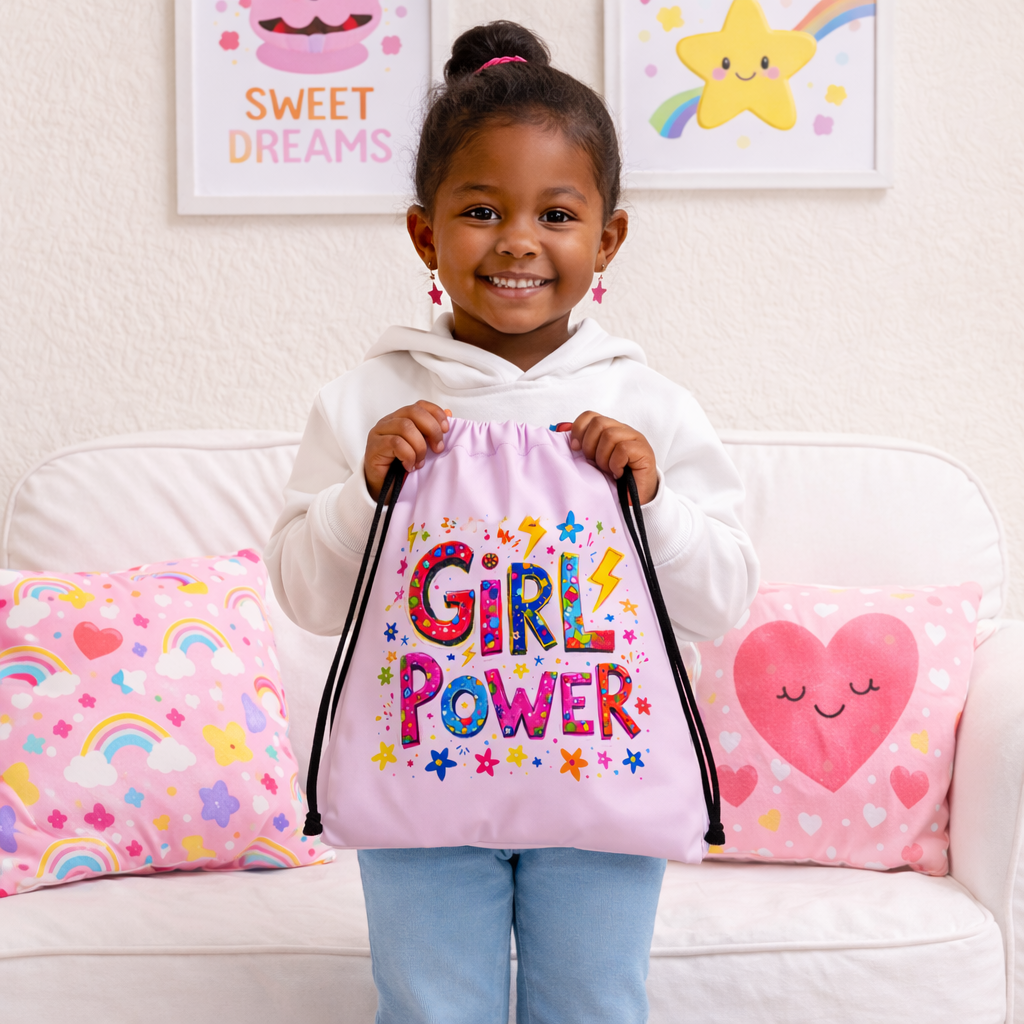 Girl Power Drawstring Backpack for Girls – Cute Pink  Gym Bag, Preschool & Daycare Bag, Empowering Children’s Gift