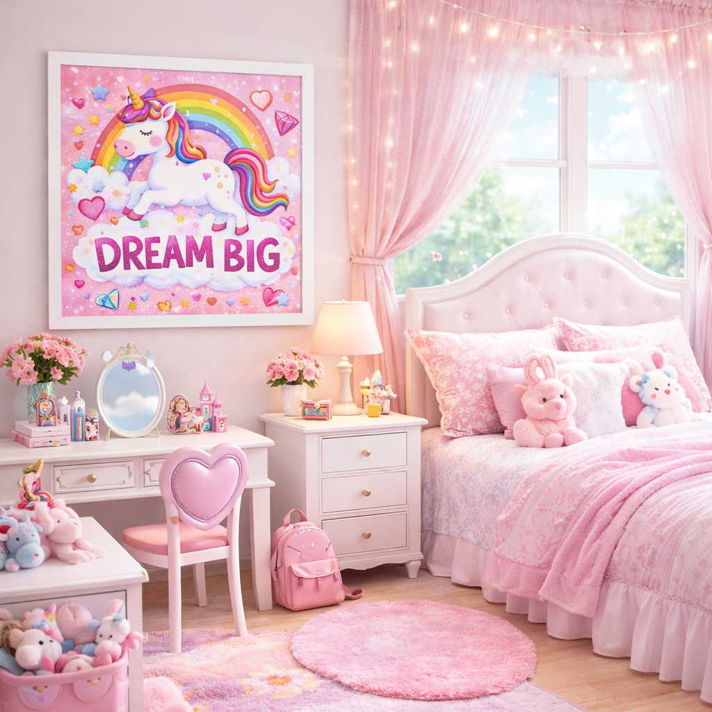 Dream Big Unicorn Wall Art for Girls – Magical Rainbow Princess Nursery & Kids Room Decor