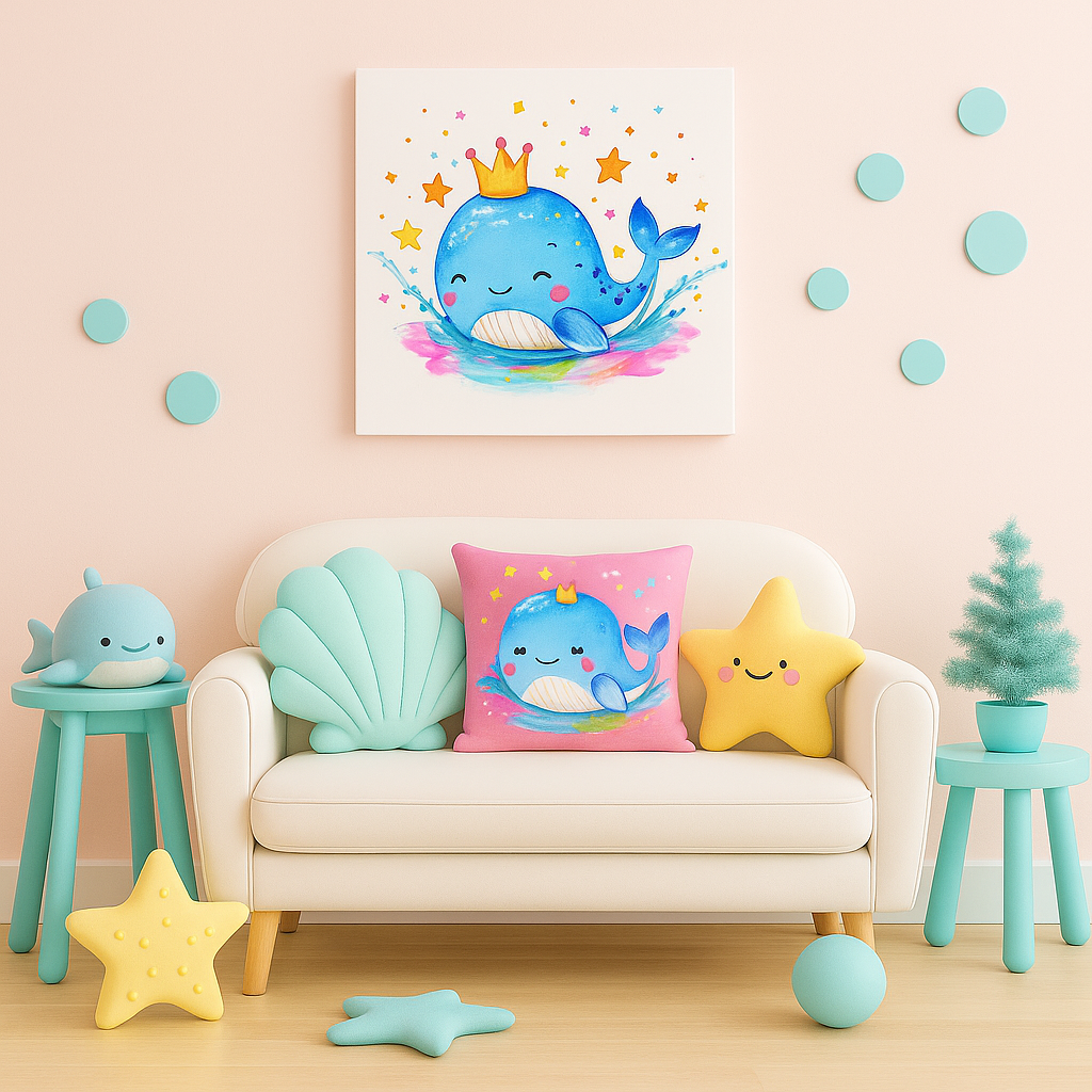 Kawaii Whale Canvas Wall Art – Blue Ocean Nursery Decor, Cute Sea Animal Print for Girls & Boys, Playroom & Kids Bedroom Wall Art