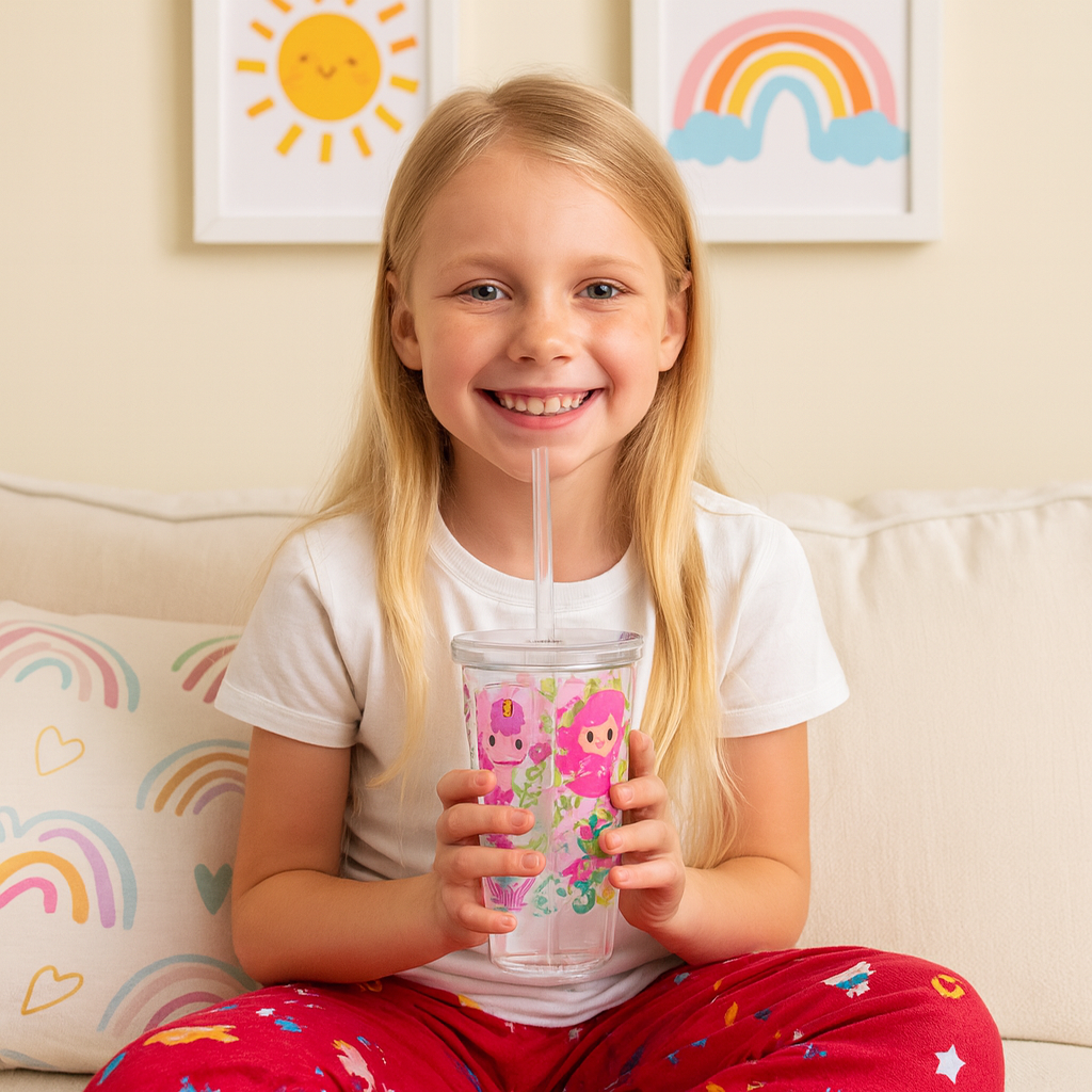 Fantasy Friends Kids Tumbler | Unicorn, Fairy & Dragon Cup with Straw | Cute 16oz Acrylic Drink Cup for Children | Magical Reusable Water Cup