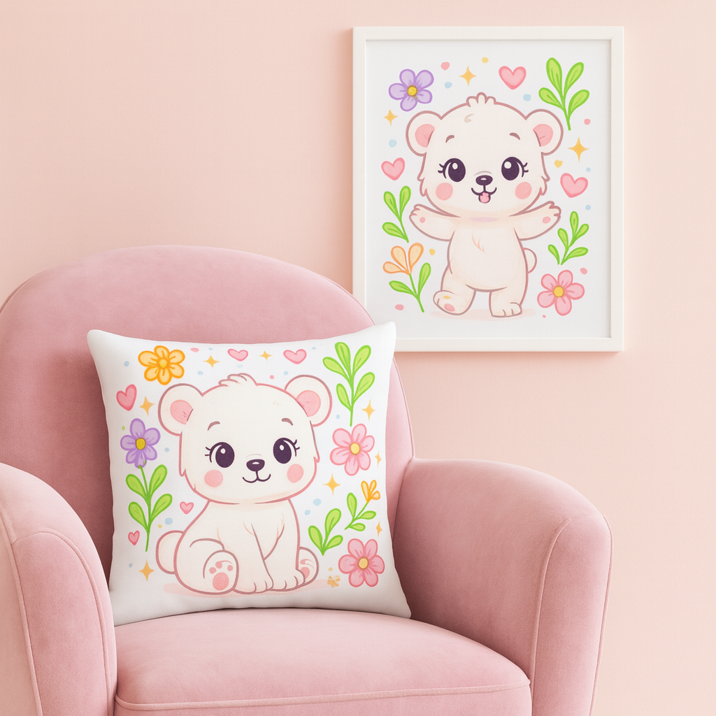 Cute Bear Throw Pillow – Kawaii Kids Room Decor with Flowers & Hearts I Kids Decor