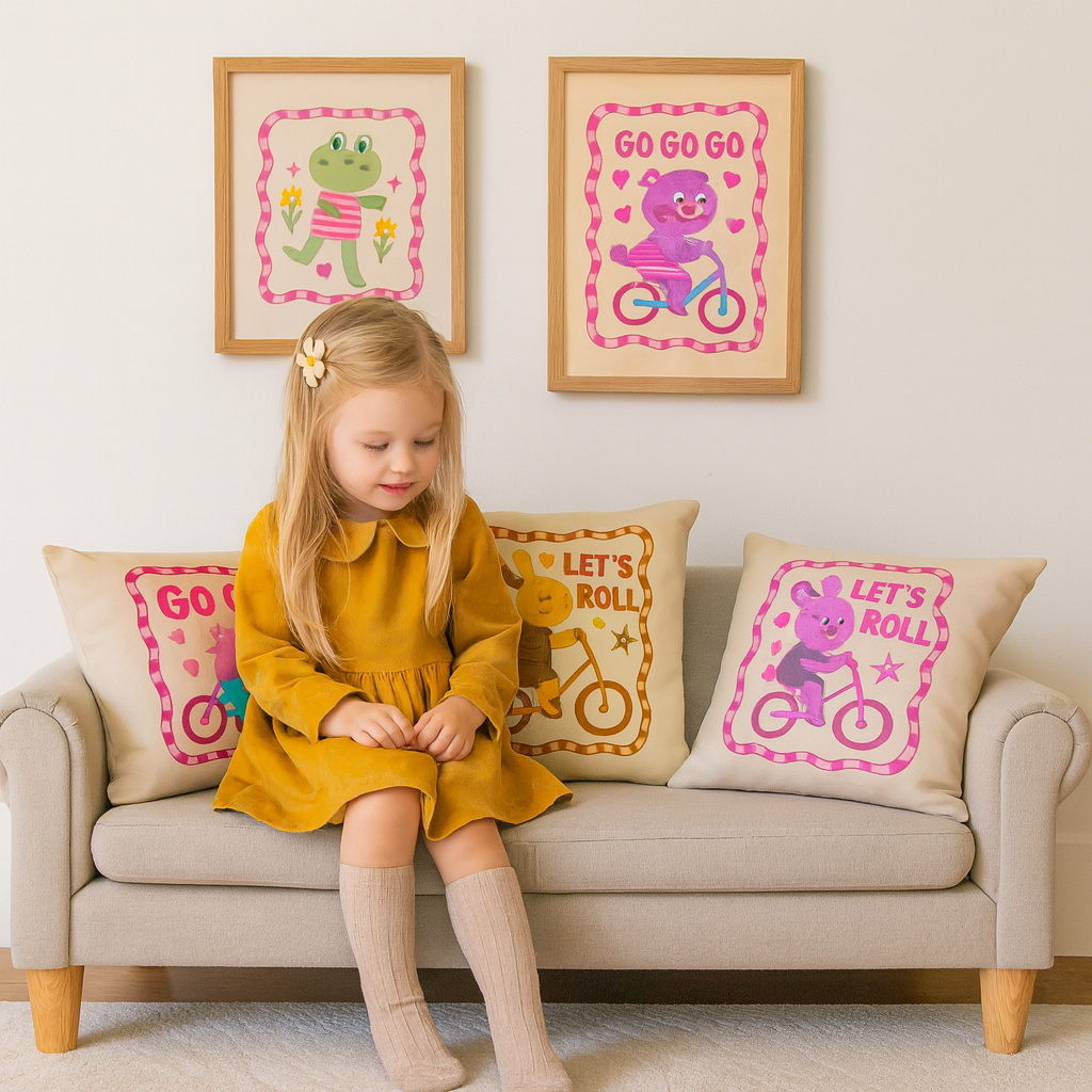 Bunny Pillow – Cute Retro Kids Cushion | Boho Animal Nursery Decor I Adorable Cycling Bunny Throw Pillow for Playroom & Kids Bedroom