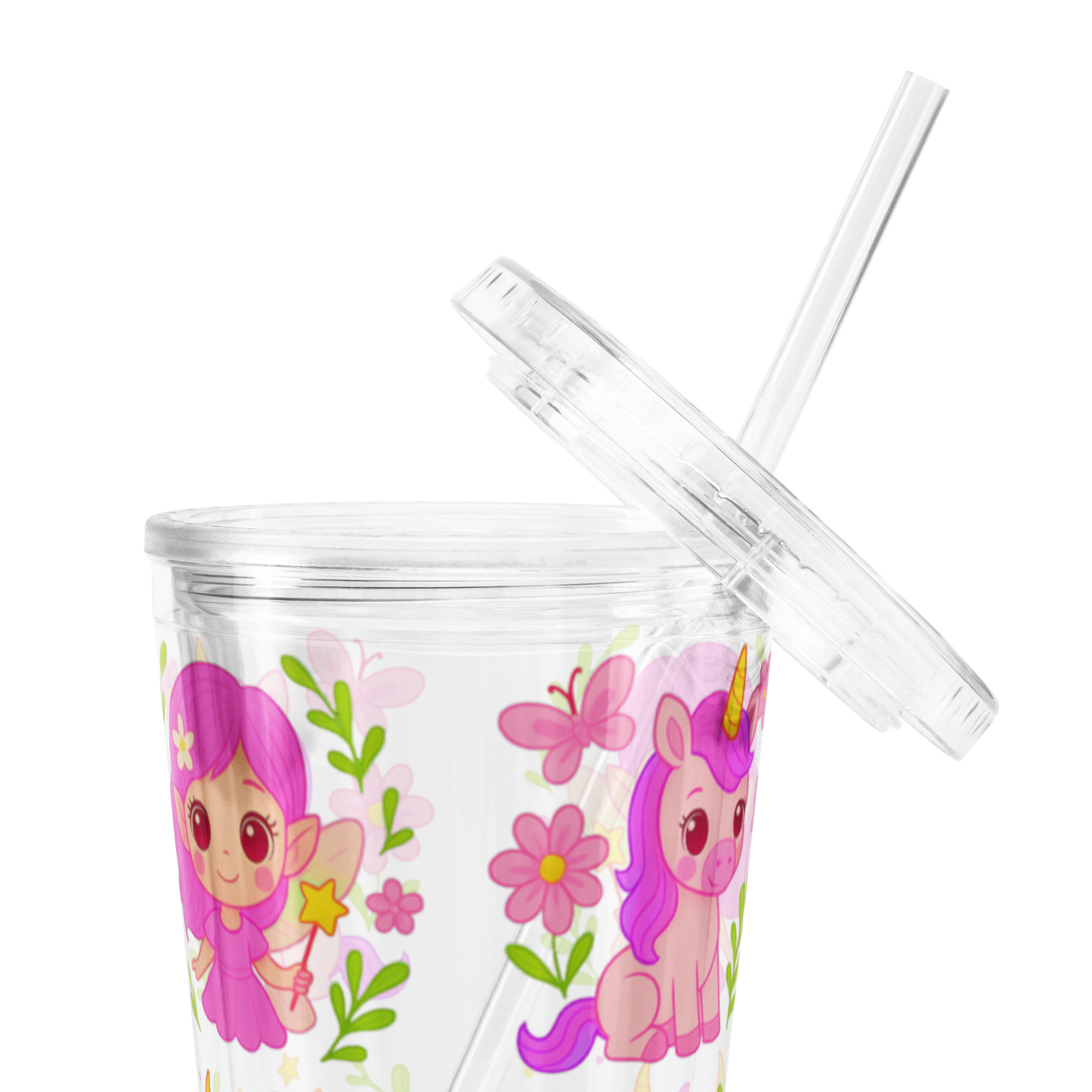 Fantasy Friends Kids Tumbler | Unicorn, Fairy & Dragon Cup with Straw | Cute 16oz Acrylic Drink Cup for Children | Magical Reusable Water Cup
