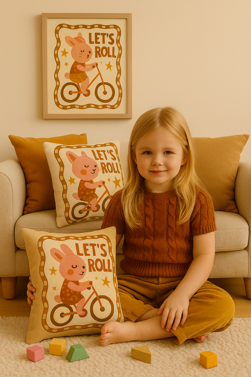 Bunny Pillow – Cute Retro Kids Cushion | Boho Animal Nursery Decor I Adorable Cycling Bunny Throw Pillow for Playroom & Kids Bedroom