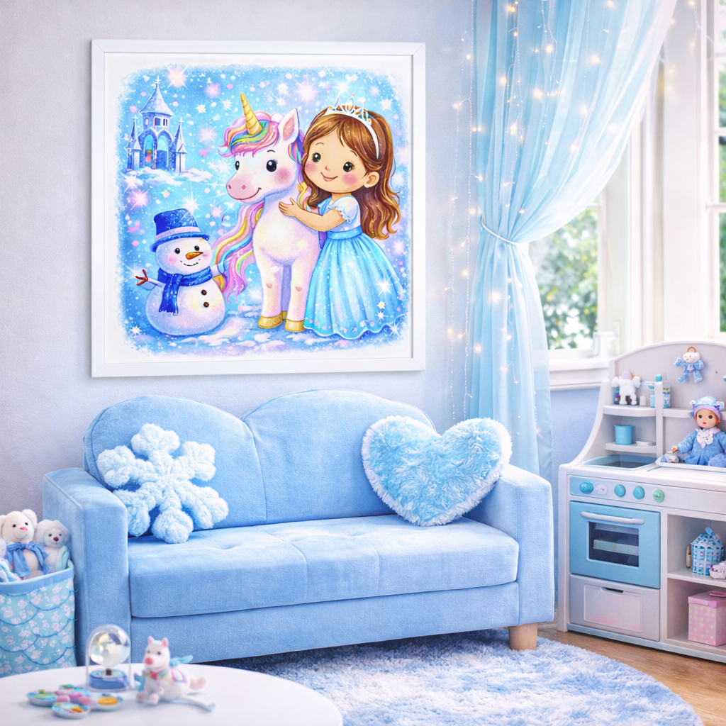 Magical Unicorn and Princess Wall Art I Winter Unicorn Princess Wall Art for Girls – Magical Fairy Tale Kids Room Decor with Snowman & Castle