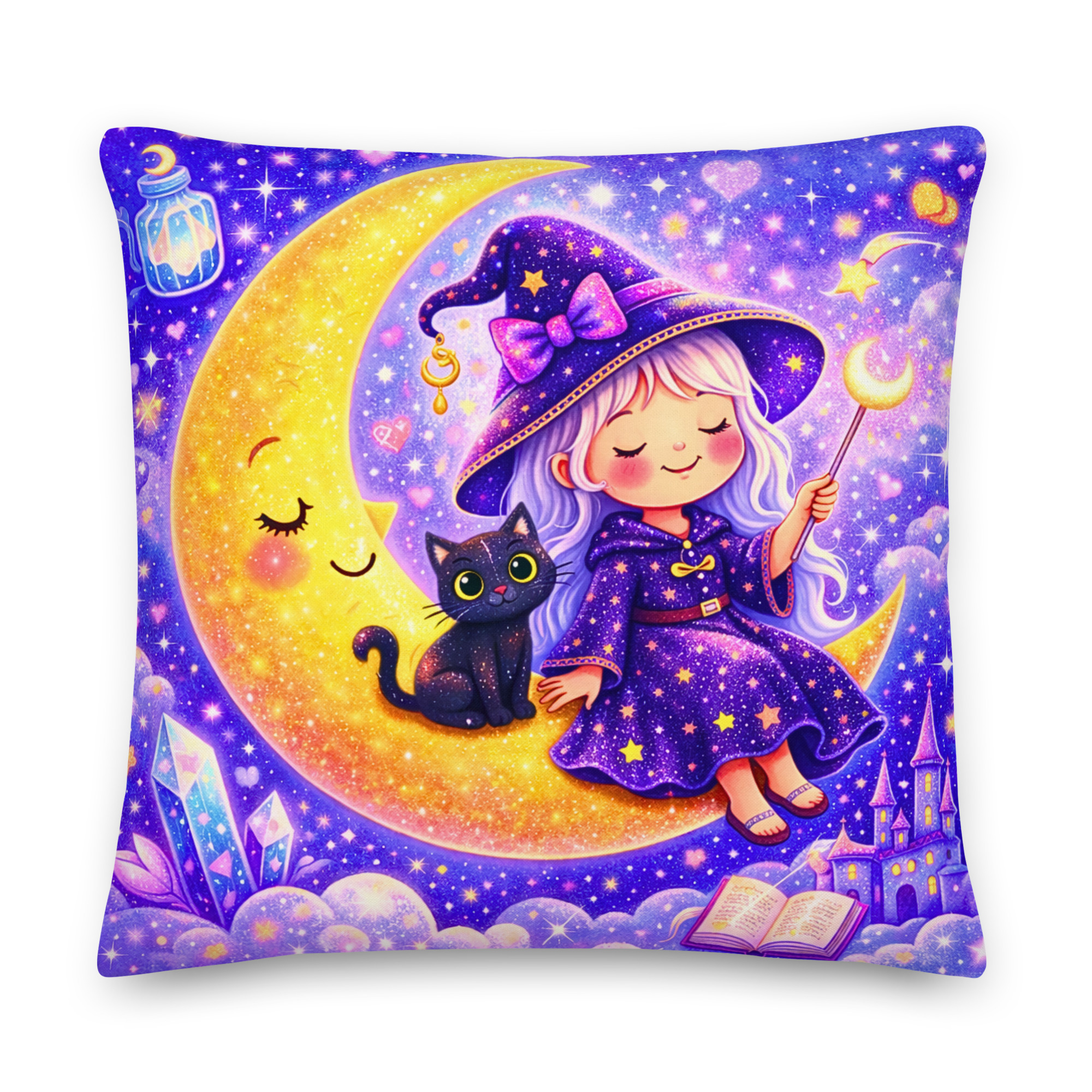 Moon Witch Pillow for Girls – Magical Crescent Moon & Black Cat Cushion