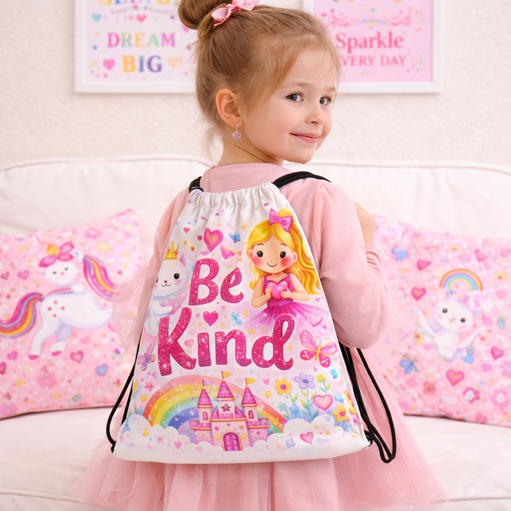 Be Kind Kids Drawstring Bag – Cute Girls Backpack with Fairy Princess Design, Positive Message School & Daycare Bag