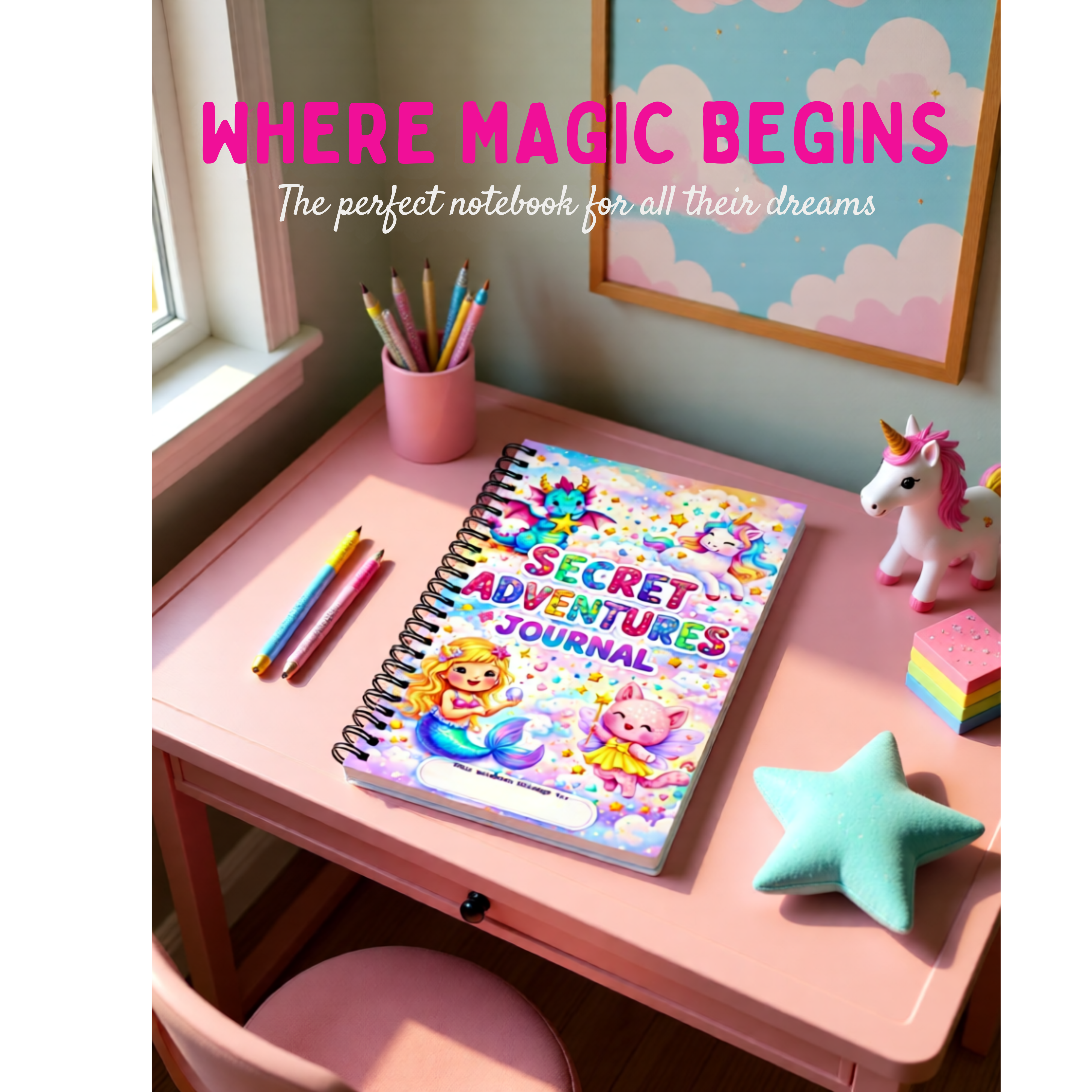 Secret Adventures Journal for Kids – Magical Creatures Notebook with Dragon, Unicorn & Mermaid | Kids Writing Journal I Kids Stationary I Gift for Kids