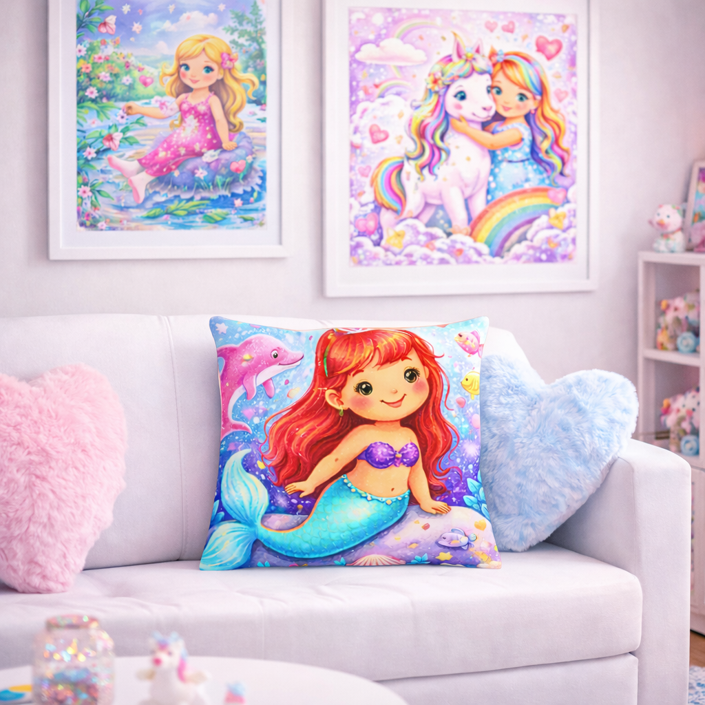 Cute Mermaid Throw Pillow for Girls Room – Magical Ocean Nursery Decor Cushion I Pillows for Children
