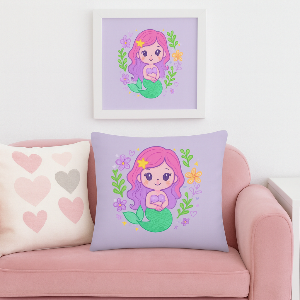 Cute Mermaid Throw Pillow – Kawaii Pastel Ocean Decor for Kids Rooms I Cute Pillow for Kids