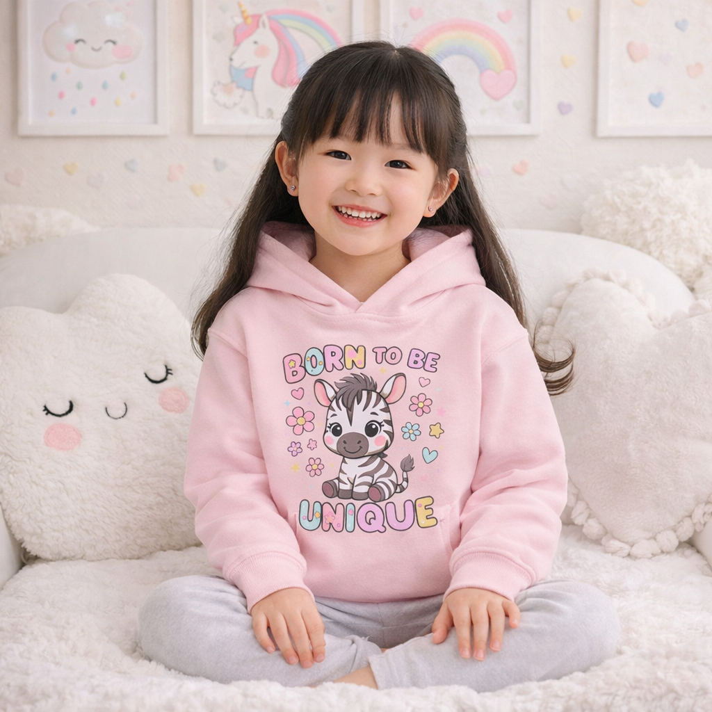 Born to Be Unique Kids Hoodie – Cute Zebra Hoodie for Girls & Boys, Positive Quote Sweatshirt for Children