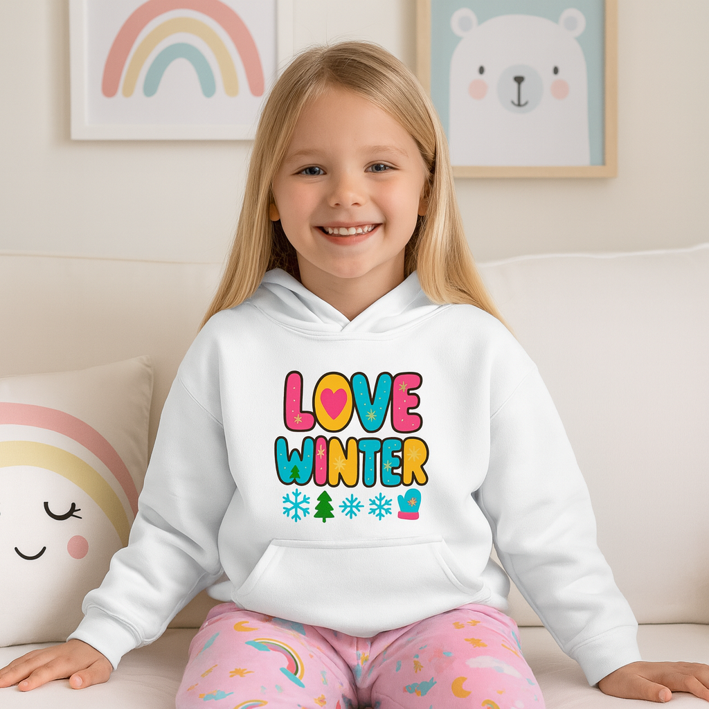Love Winter Kids Hoodie | Cute Winter Sweater for Girls & Boys | Cozy Holiday Sweatshirt | Snowflake & Christmas Tree Design | Youth Hoodie