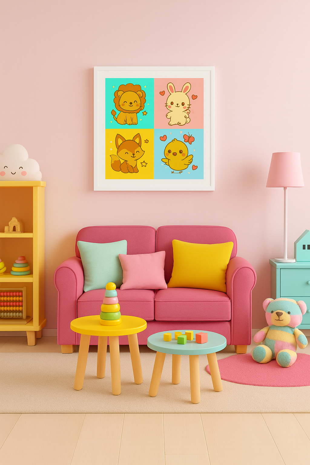 Cute Animal Nursery Wall Art – Lion, Bunny, Fox & Chick Canvas | Pastel Playroom Decor for Baby & Toddlers I Framed canvas