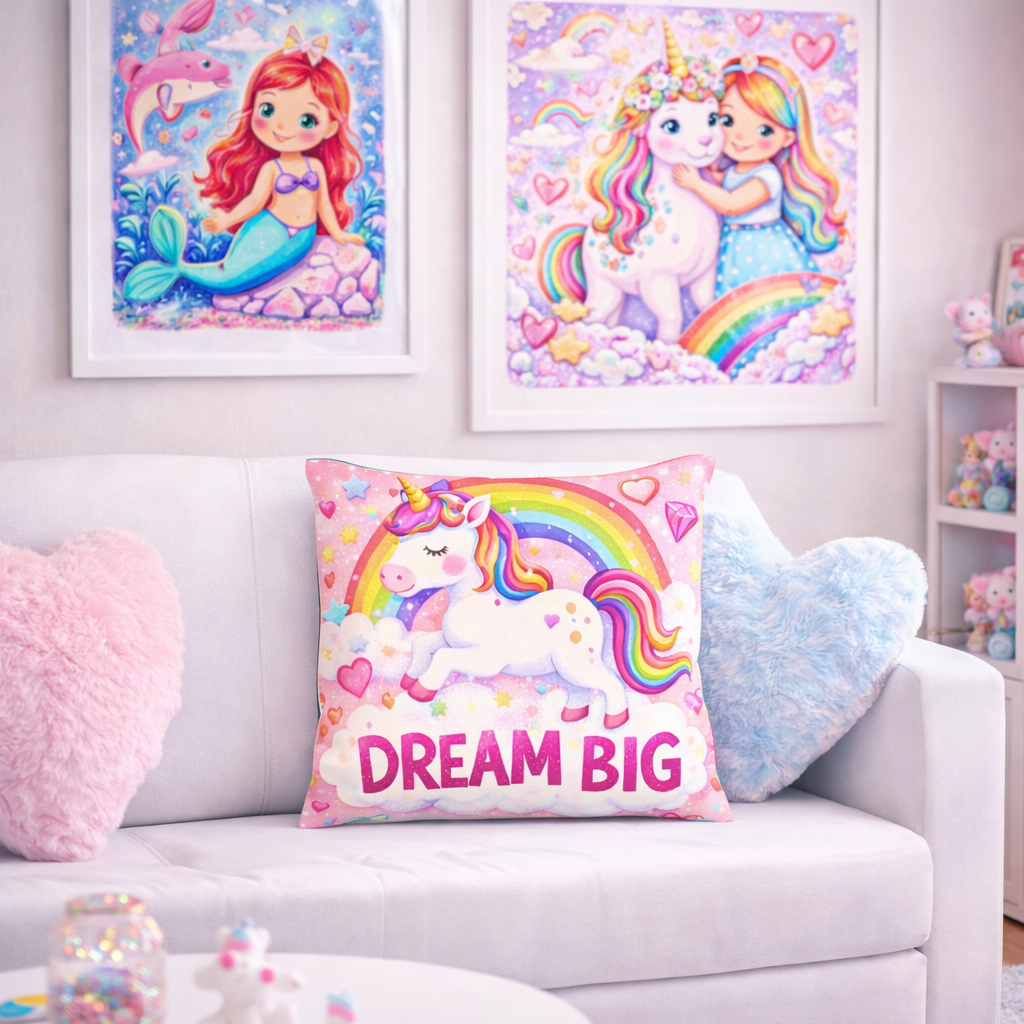 Dream Big Unicorn Pillow – Cute Rainbow Unicorn Throw Pillow for Girls Room & Nursery Decor