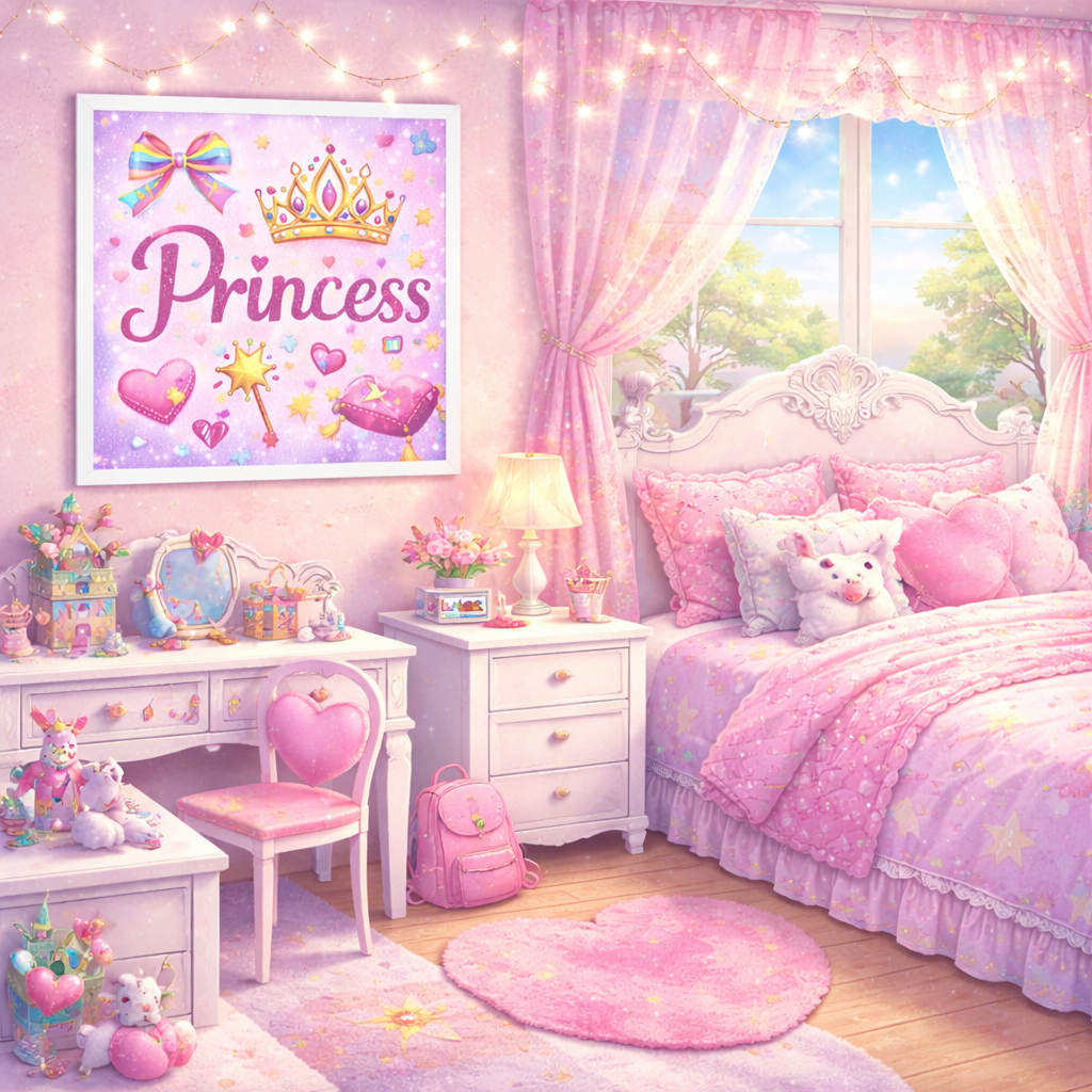 Princess Wall Art for Girls Room – Cute Pink Nursery & Kids Bedroom Decor, Magical Princess Poster