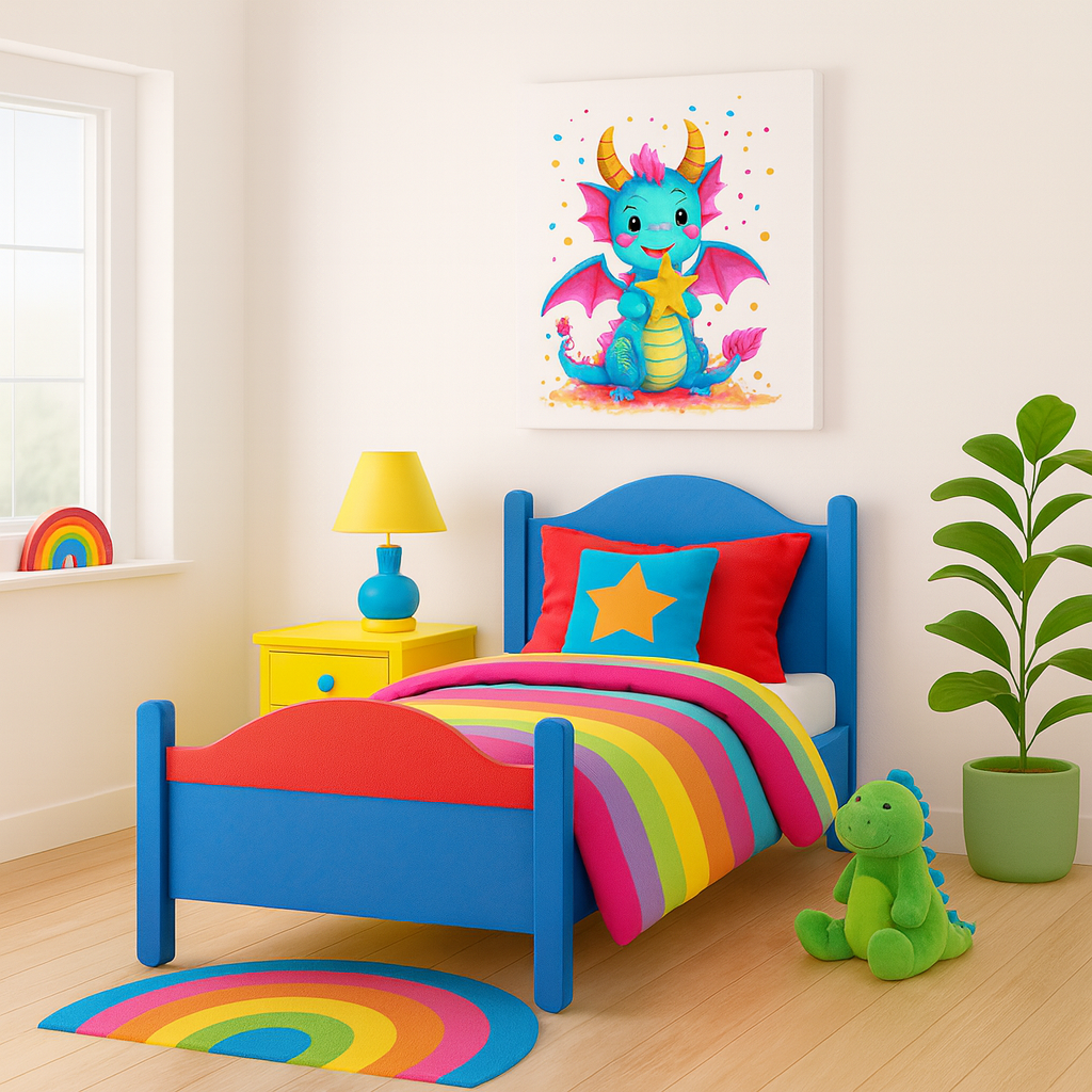 Cute Baby Dragon Canvas Wall Art – Bold Color Kids Room Decor, Fantasy Nursery Print, Rainbow Dragon Artwork for Boys & Girls Bedrooms