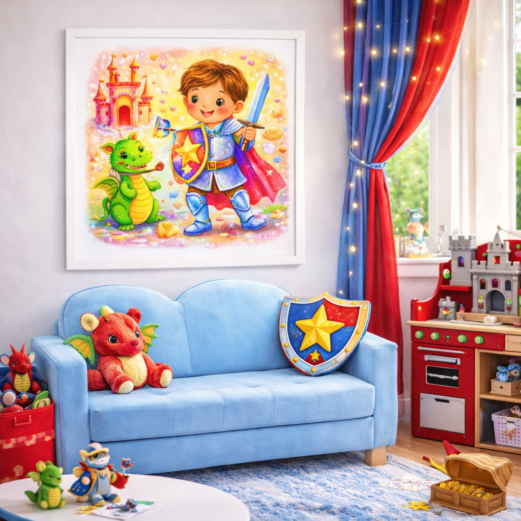 Brave Little Knight & Friendly Dragon Wall Art for Kids – Magical Boys Playroom Print I Children's Wall Art