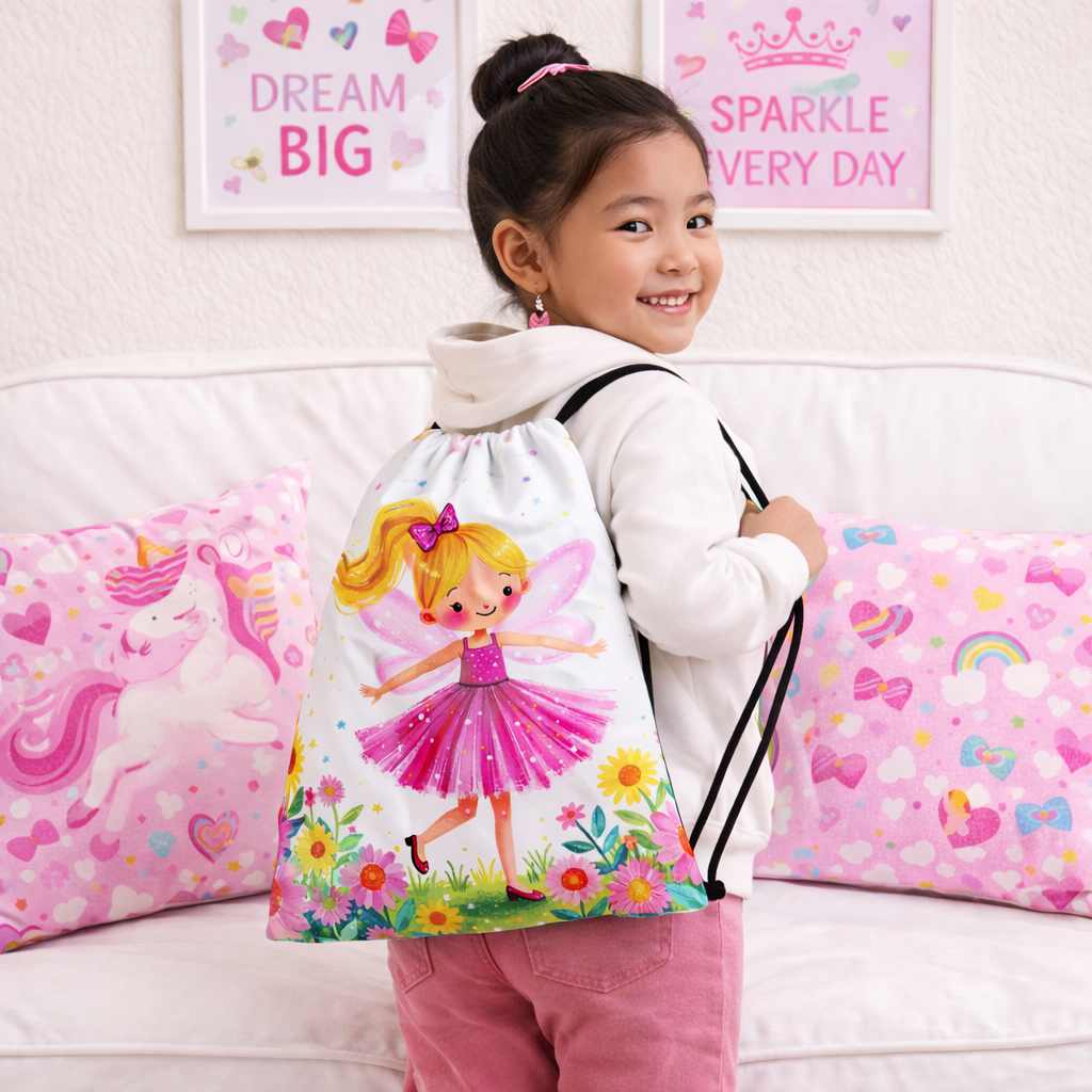 Fairy Dreams Kids Drawstring Backpack – Cute Pink Fairy Bag for Girls, Preschool & Daycare Essential