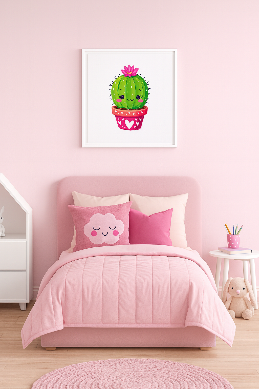 Cute Kawaii Cactus Wall Art for Girls Room – Pink & Green Nursery Decor | Playroom Print | Adorable Plant Illustration with Hearts – Gift for Kids