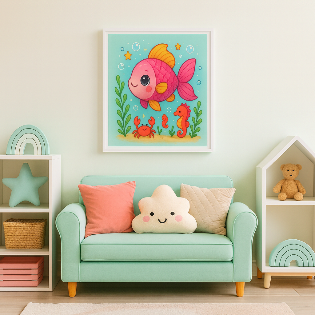 Cute Pink Fish Nursery Wall Art – Under the Sea Ocean Animals Decor for Kids Bedroom – Baby Girl Playroom Print – Kawaii Fish, Seahorse & Crab Artwor