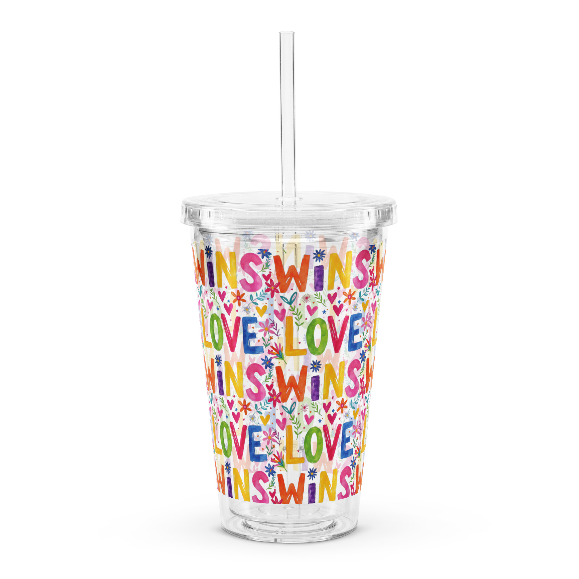 Love Wins Kids Tumbler | Cute Colorful Cup with Straw | Reusable Acrylic Drink Cup for Children | Rainbow Hearts Watercolor Cup | 16oz Travel Cup