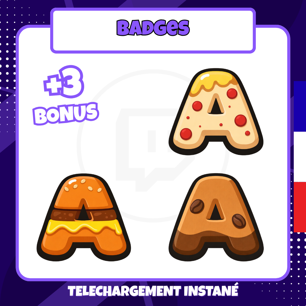 Pack de badges Twitch - Standard - Lettre A- 12 Badges + 3 Bonus